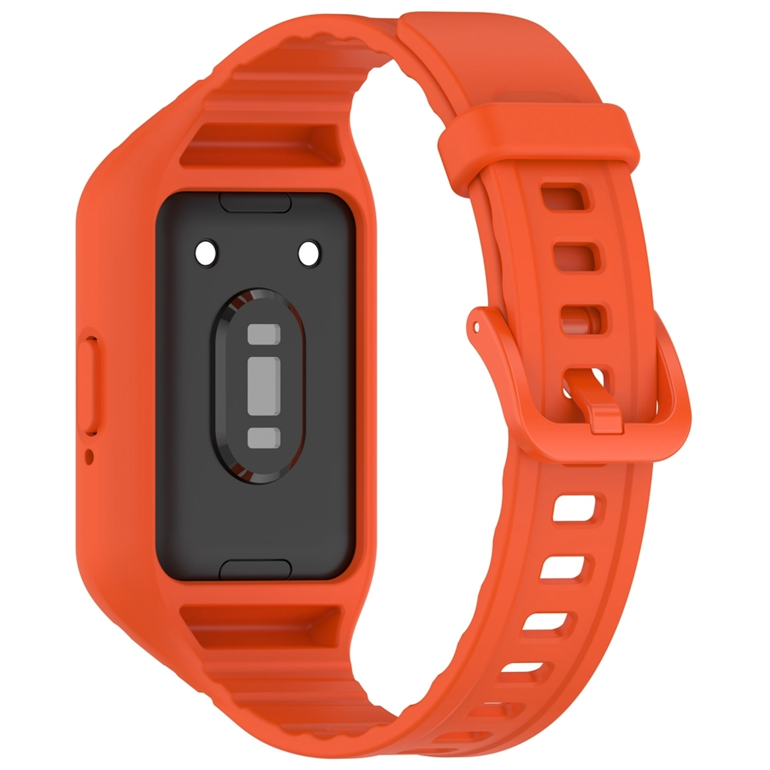 Oranger Fitnesstracker mit schwarzem Bildschirm und Armband, mit Schnalle.