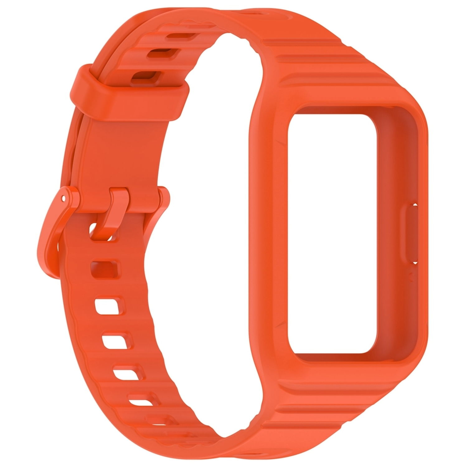 Orangenes Uhrenarmband mit Schnalle und Löchern, das detaillierte Design zeigend.