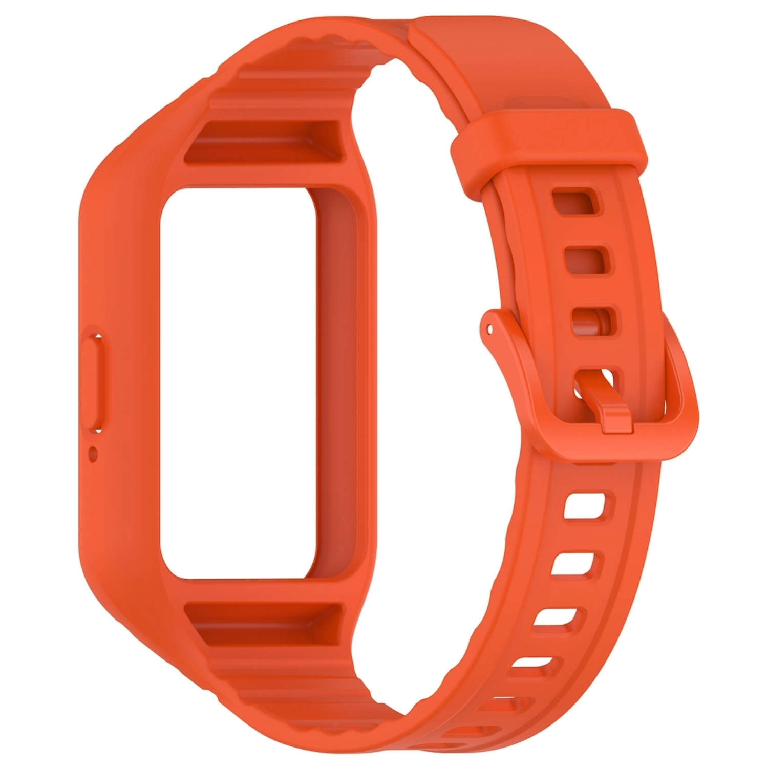 Ein orangefarbenes Uhrenarmband mit Schnalle. Das Band ist einfarbig.