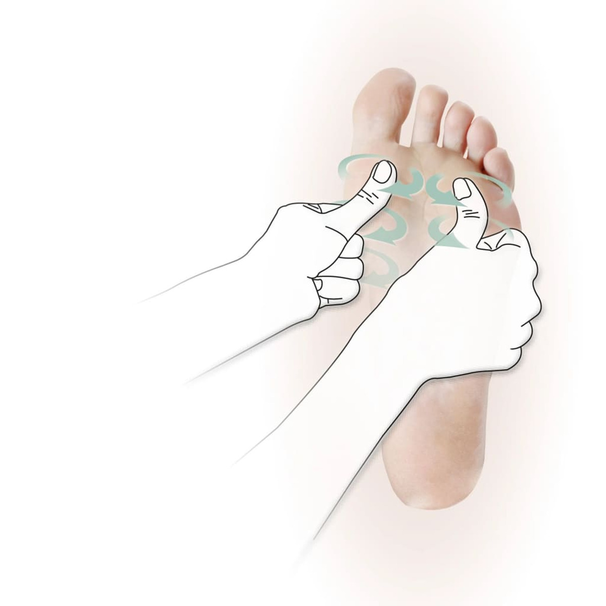 Illustration von Händen, die einen Fuß massieren. Die Hände drücken und reiben mit Daumen.