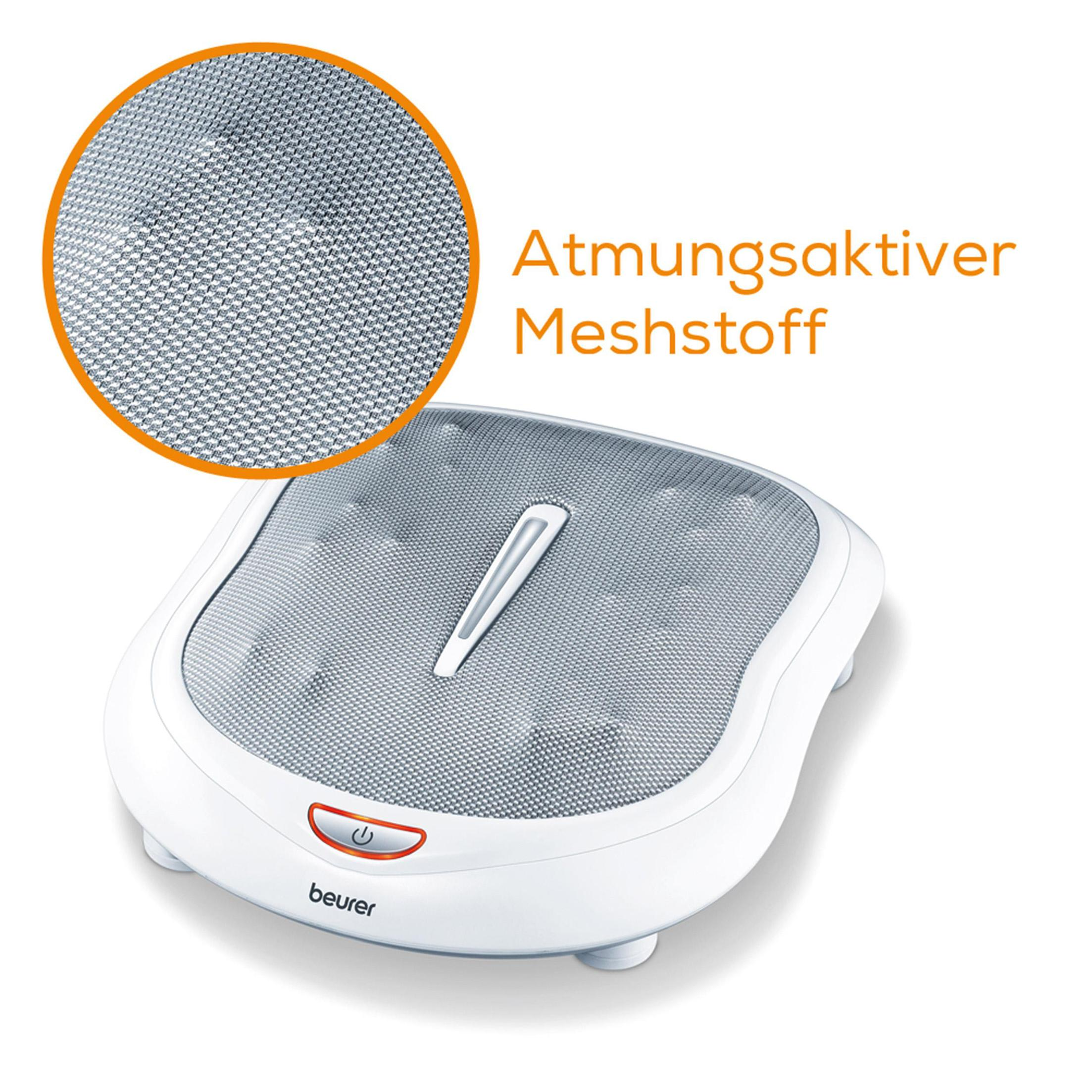 Fußmassagegerät mit Text, der atmungsaktives Mesh-Material anzeigt.