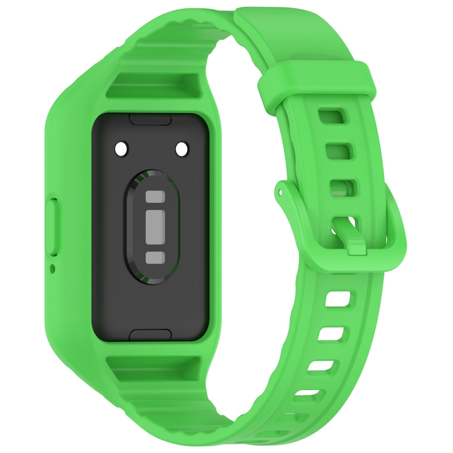 Ein grünes und schwarzes Smartwatch-Armband, das die Rückseite der Uhr zeigt.