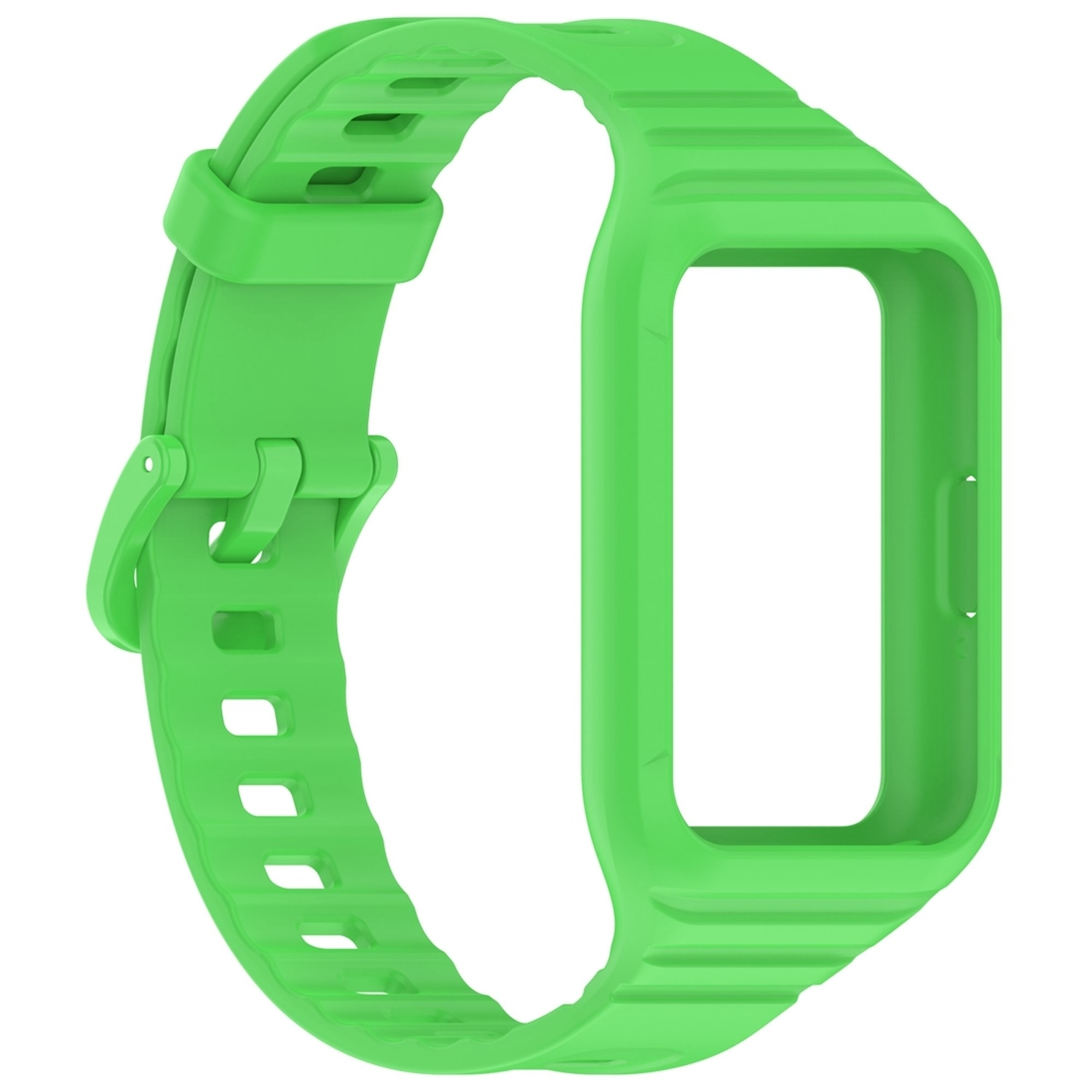 Hellgrünes Uhrenarmband mit rechteckiger Öffnung. Das Band auf weißem Hintergrund.