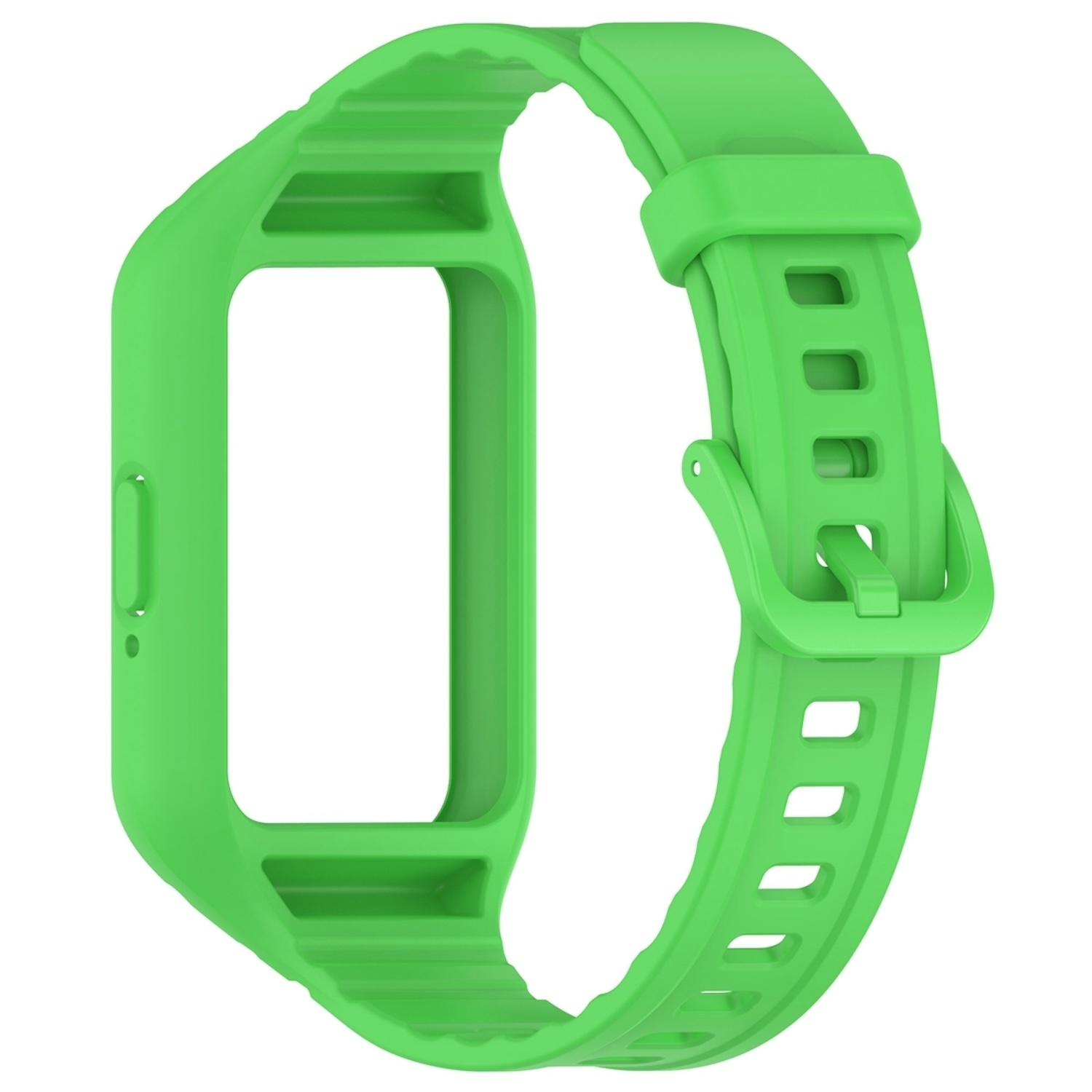Grünes Armband für einen Fitnesstracker. Hat eine Schnalle und einen rechteckigen Rahmen.