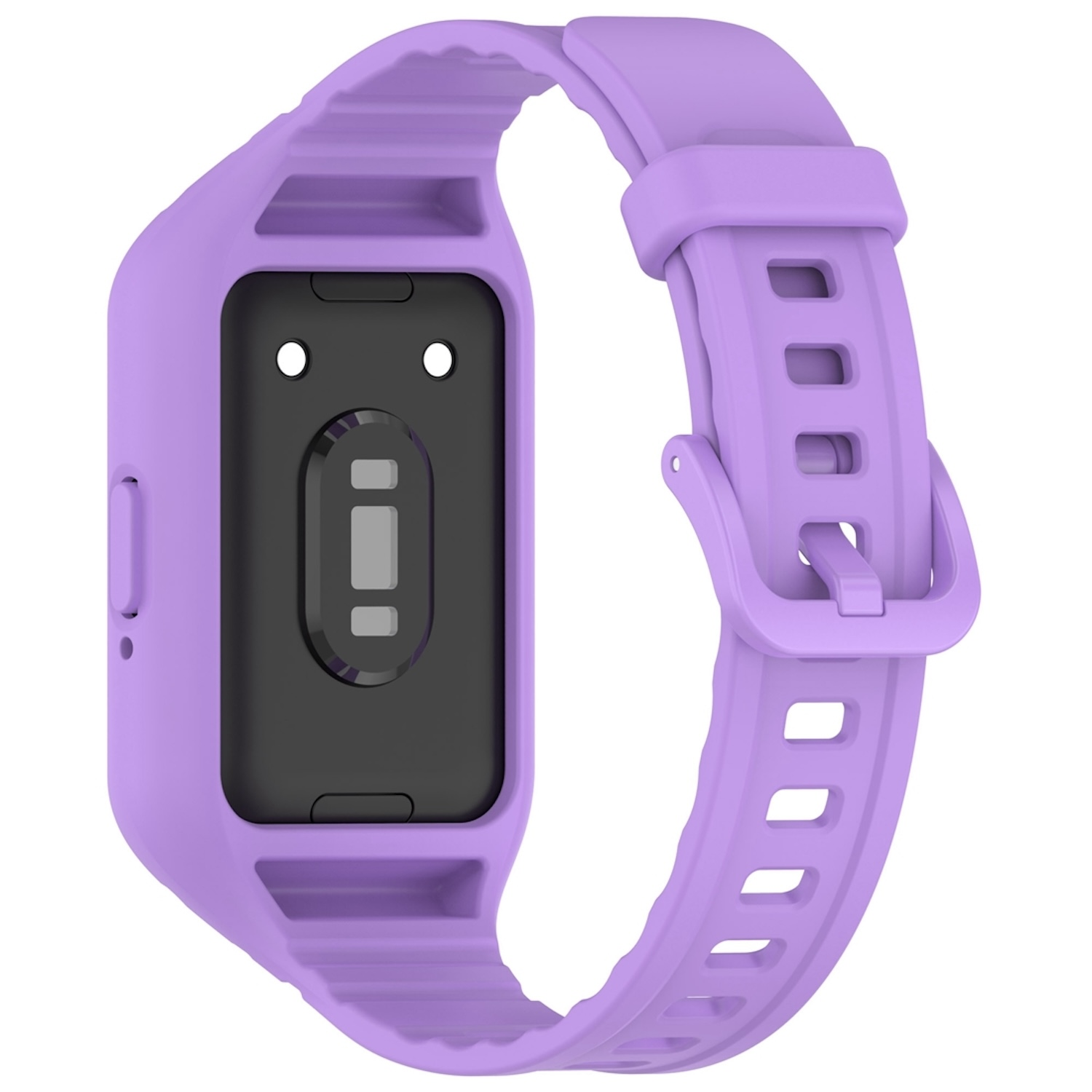 Lila Smartwatch mit Armband. Sie hat einen schwarzen Bildschirm und eine Schnalle.