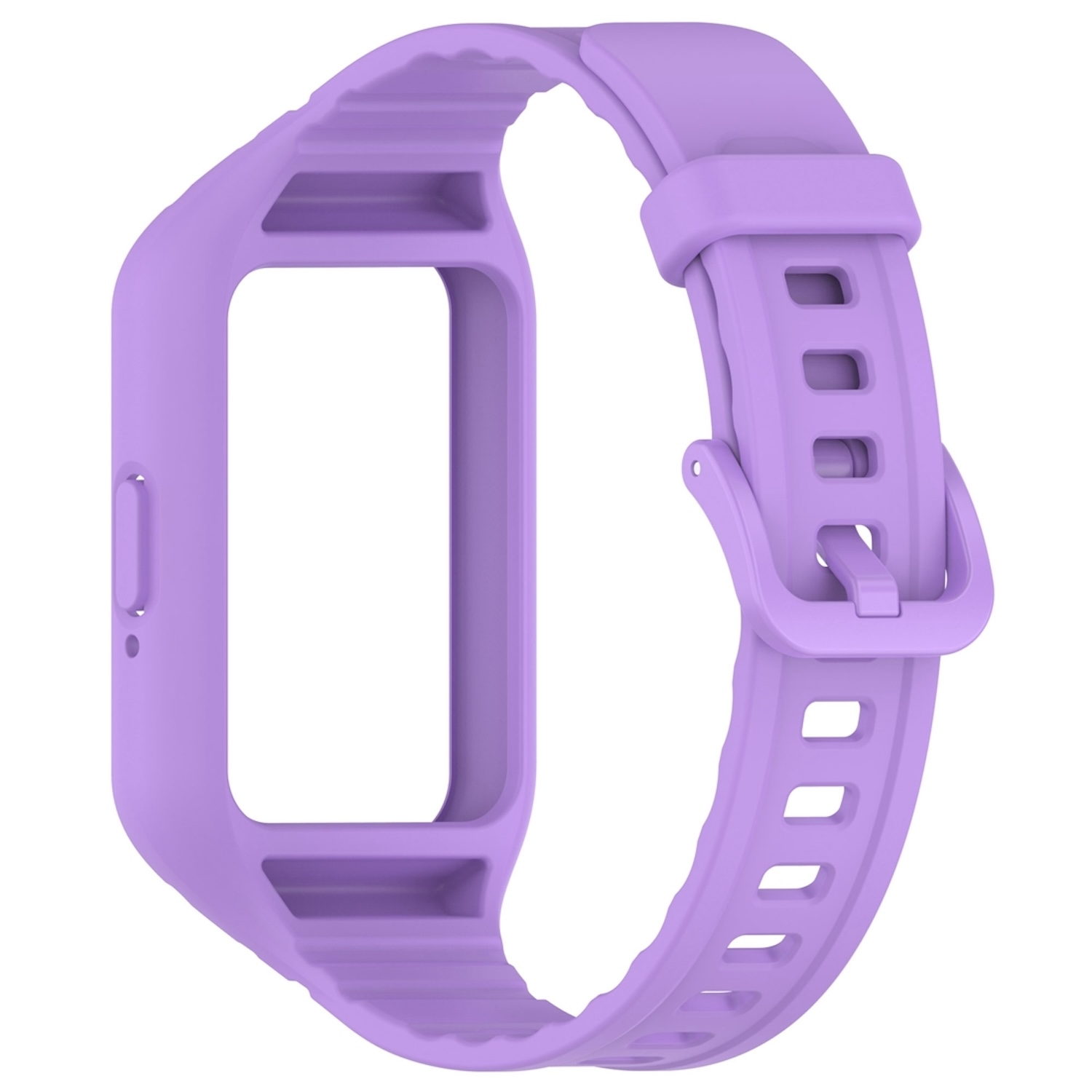 Ein lila farbenes Uhrenarmband mit einer Schnalle.