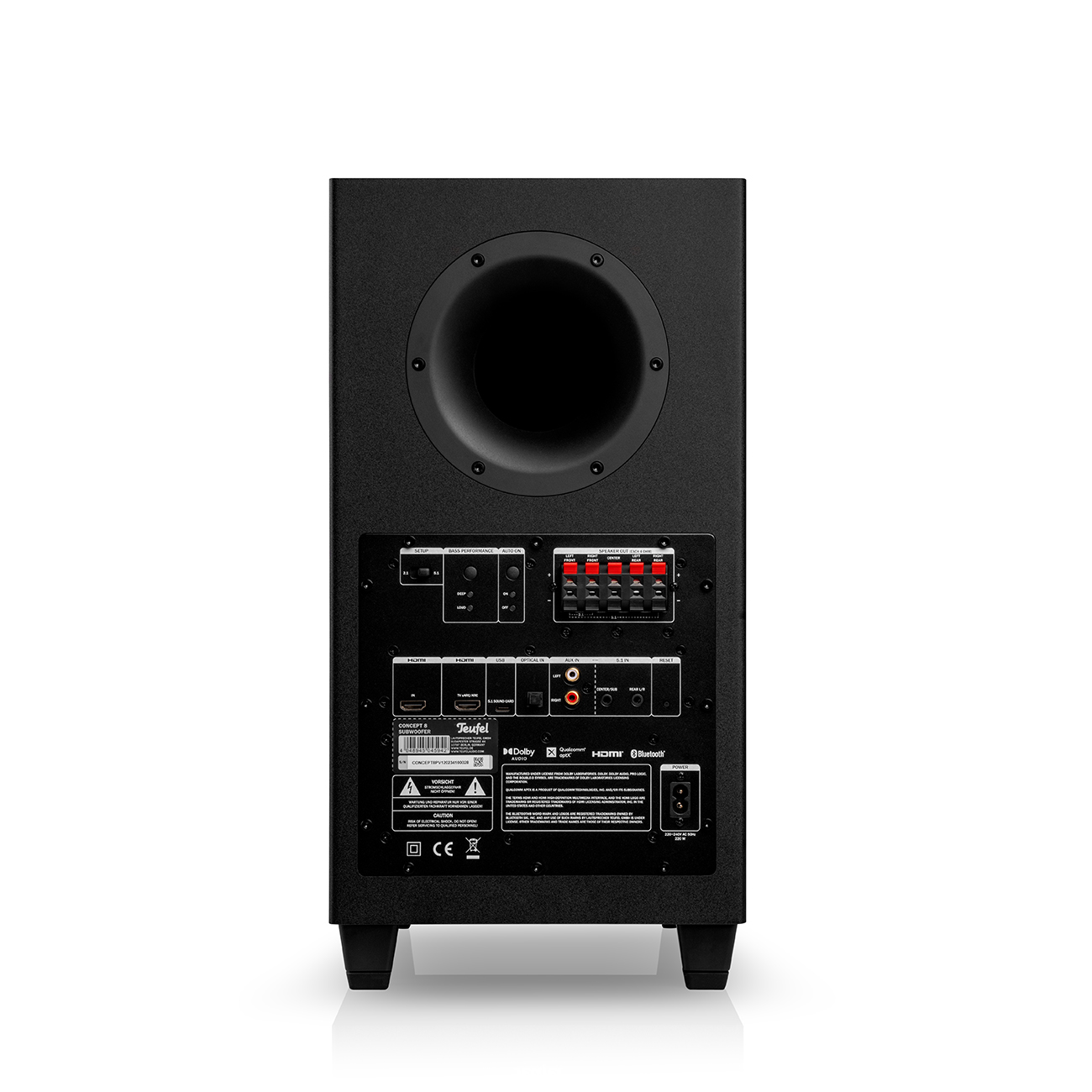 Rückseite eines schwarzen Subwoofers. Es hat mehrere Anschlussanschlüsse und Steuertasten.