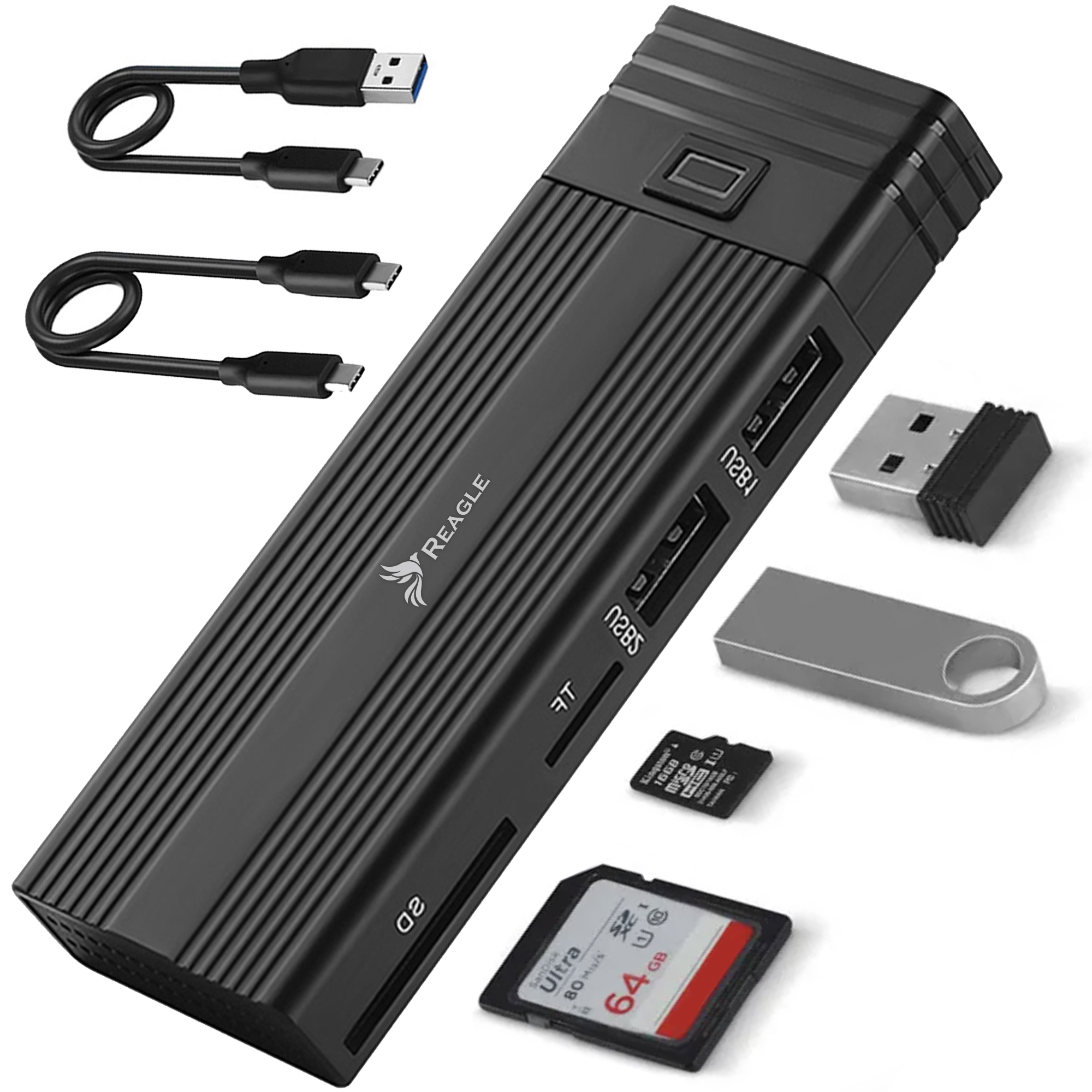 Czarny hub USB z kartą SD, dyskami USB i kablami USB. Widoczna nazwa marki Reagle.