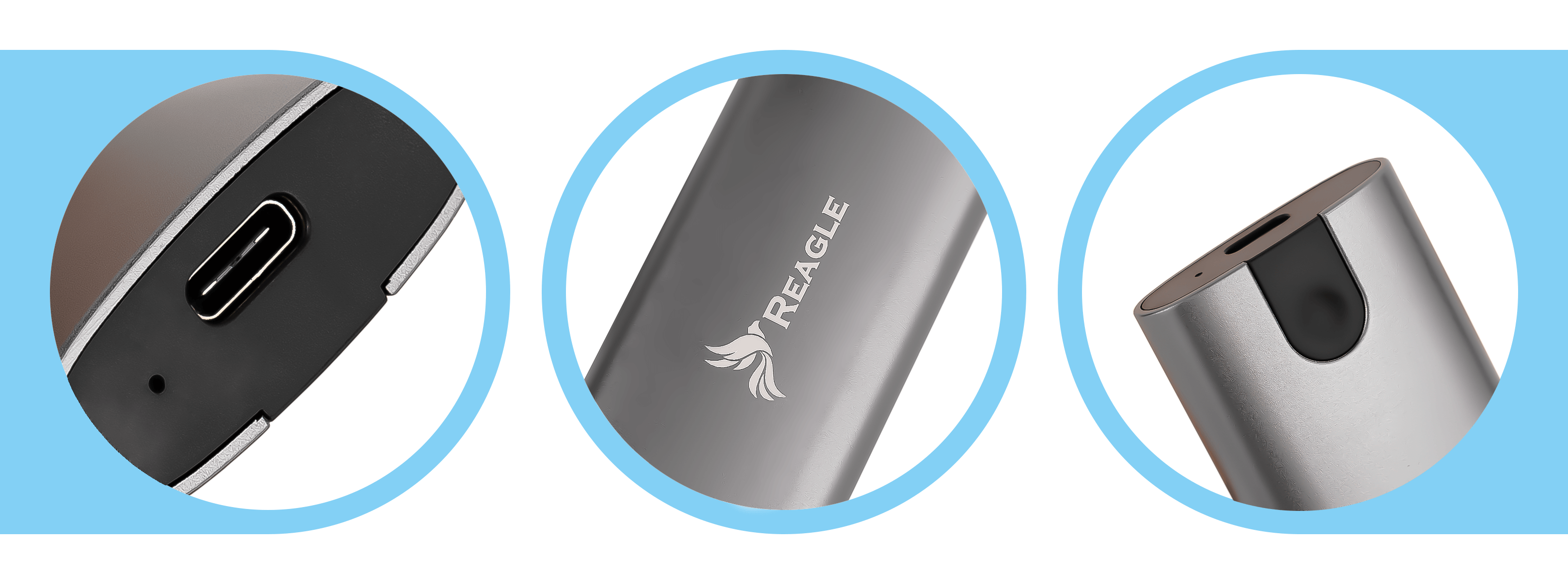 Zbliżenie trzech sekcji srebrnego urządzenia. Pokazują port USB-C, logo i kolejny port.