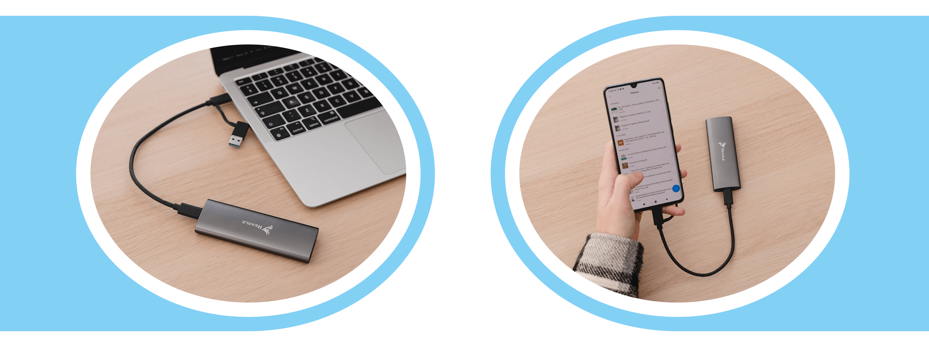 Dwa obrazy: laptop podłączony do szarego urządzenia i osoba podłączająca telefon do urządzenia.