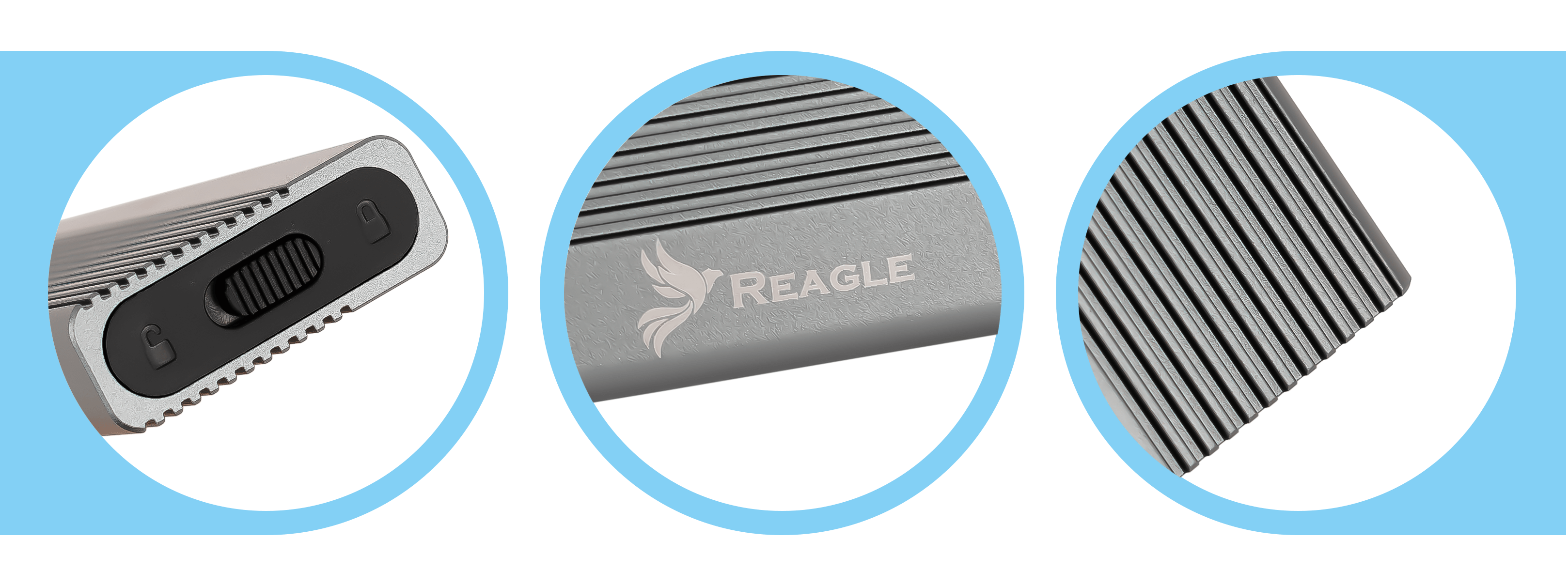 Trzy okrągłe obrazy srebrnego zewnętrznego dysku twardego: zbliżenia.