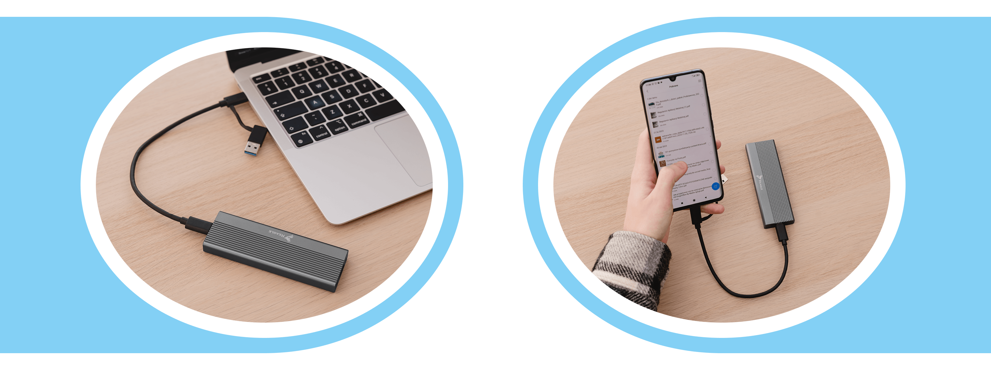 Dwa obrazy, laptop i telefon podłączone do urządzenia pamięci masowej na drewnianym stole.