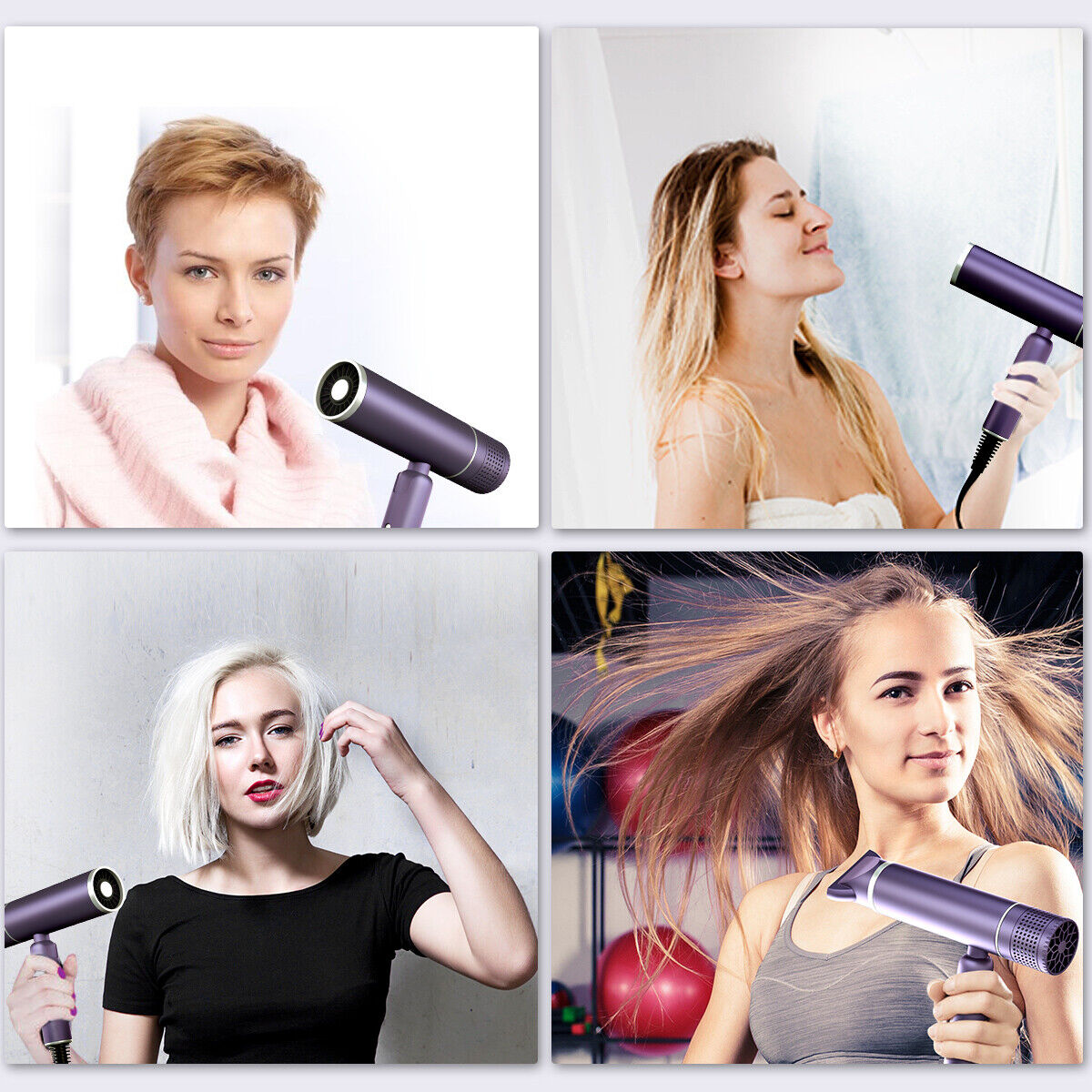 Vier Bilder von Frauen, die einen lila Haartrockner benutzen.