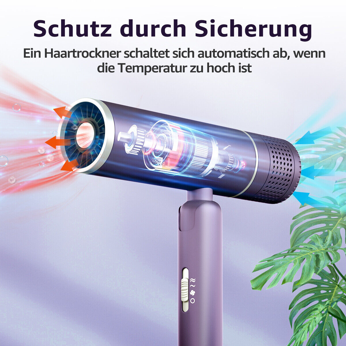 Ein Haartrockner mit blauen und roten Luftstromanzeigen, eine Pflanze im Hintergrund.