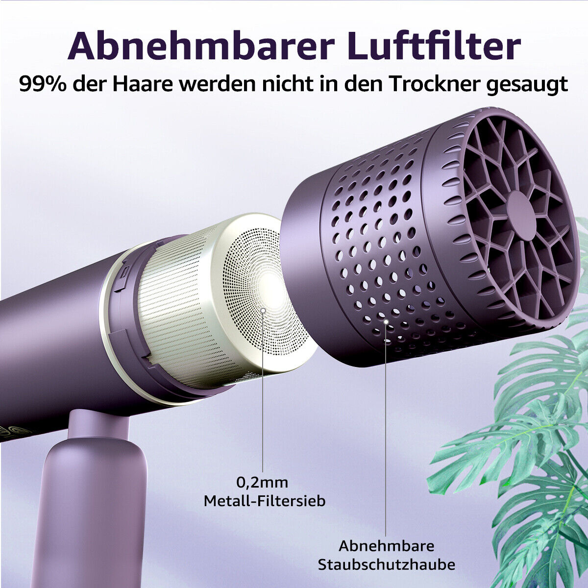 Zerlegter Haartrockner mit Filter und Staubschutz. Textbeschriftungen auf Deutsch.