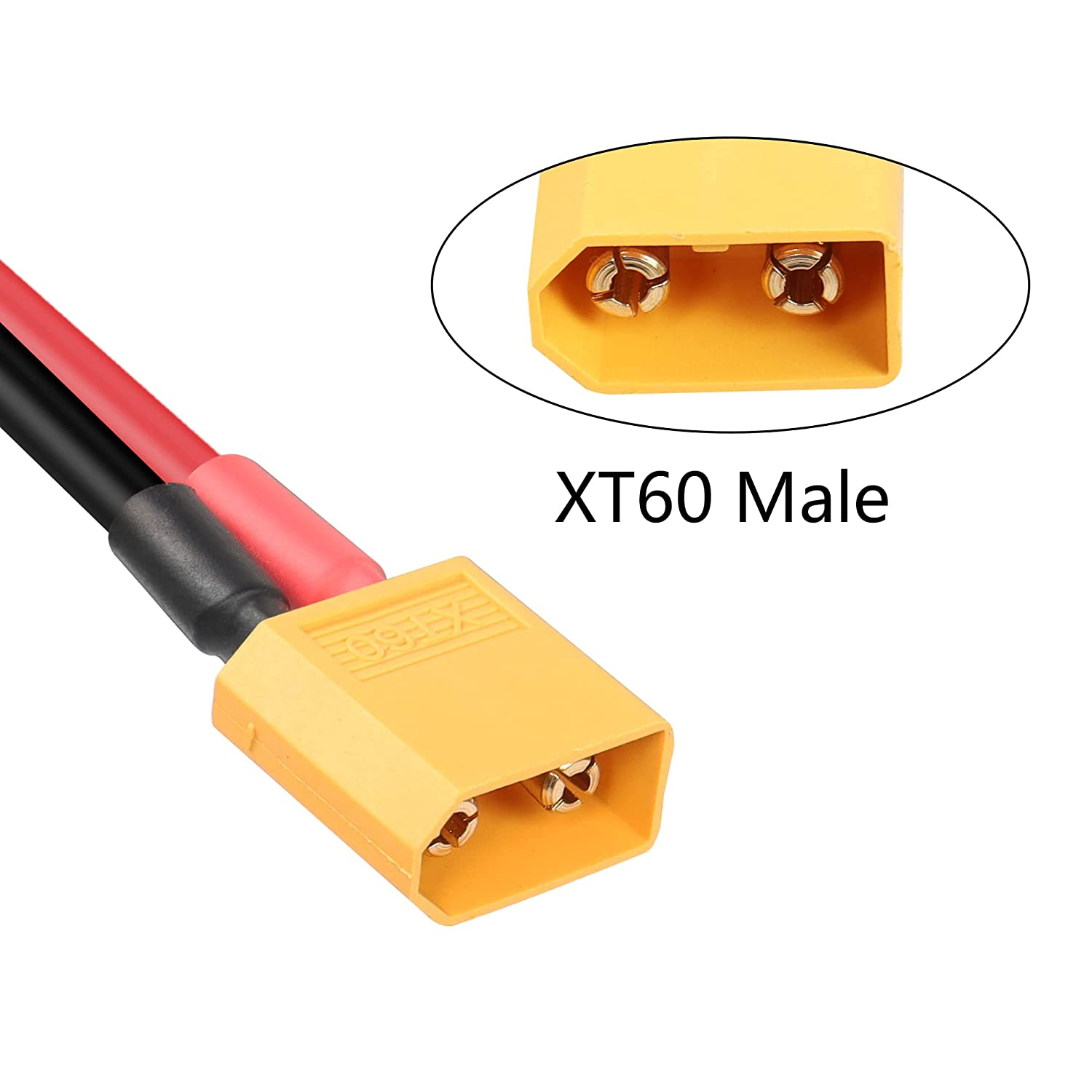 Gelber XT60-Stecker mit roten und schwarzen Drähten. Nahaufnahme der Steckerkontakte.