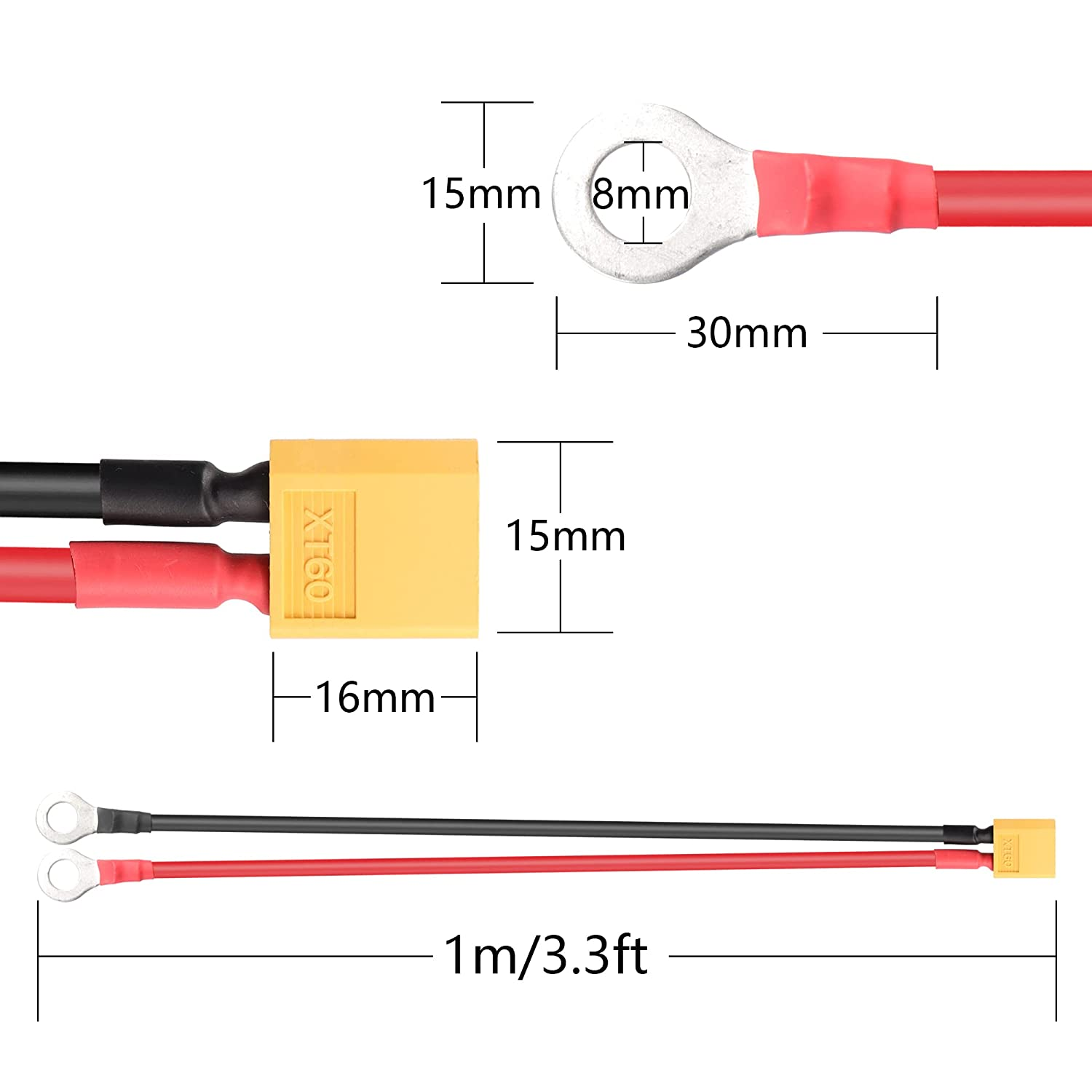 Elektrische Kabelverbinder mit Abmessungen und Messungen in mm und ft.