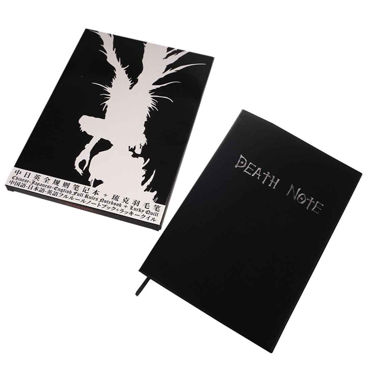 Zwei schwarze Death Note-Bücher, eines offen mit Text und das andere geschlossen mit dem Titel.