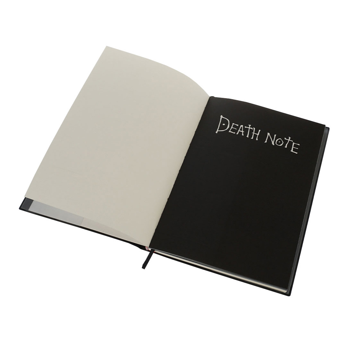 Schwarzes Notizbuch, geöffnet auf einer leeren Seite mit "Death Note" auf der rechten Seite.