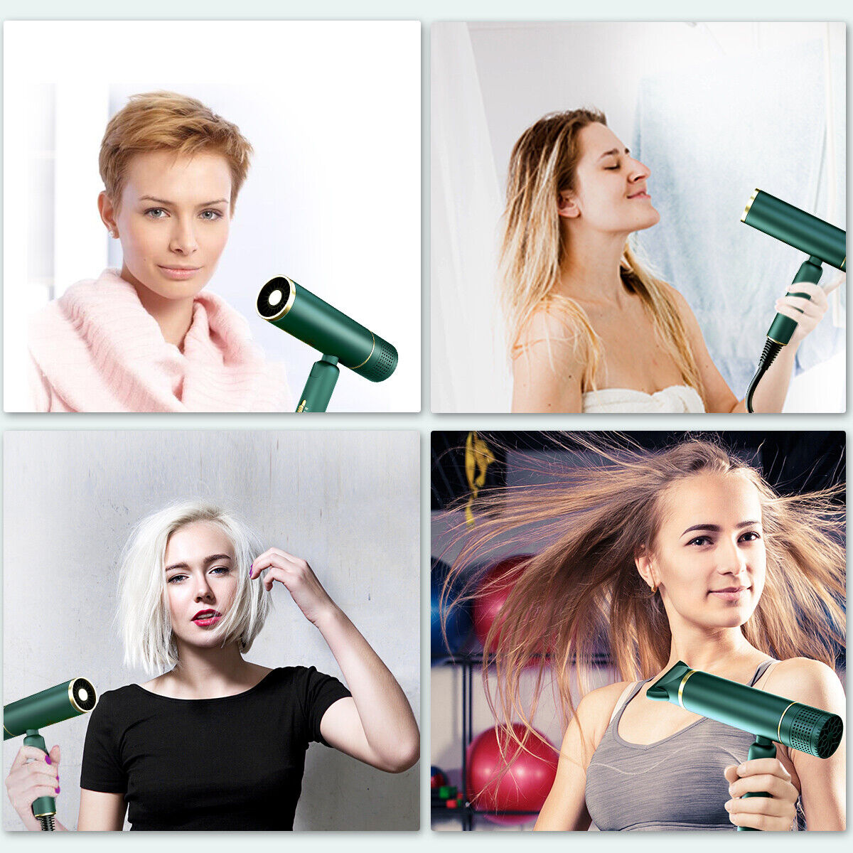 Vier Bilder mit Frauen, die einen grünen Haartrockner benutzen.