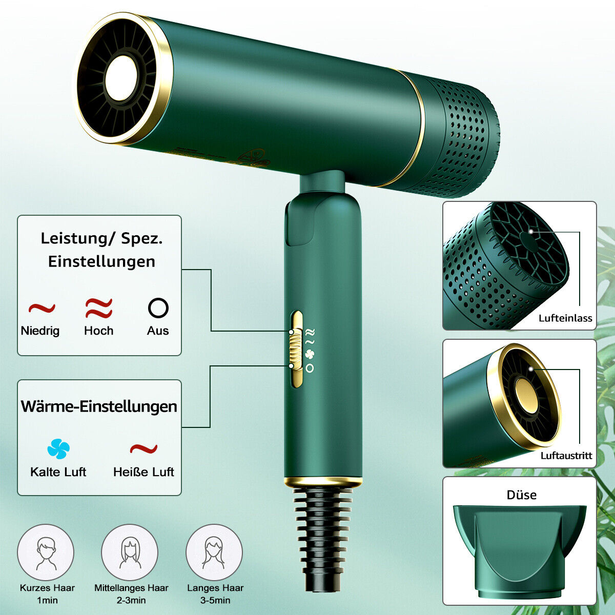 Ein grüner Haartrockner mit Einstellungen. Details umfassen Hitze, Geschwindigkeit und Nutzungszeiten für Haartypen.
