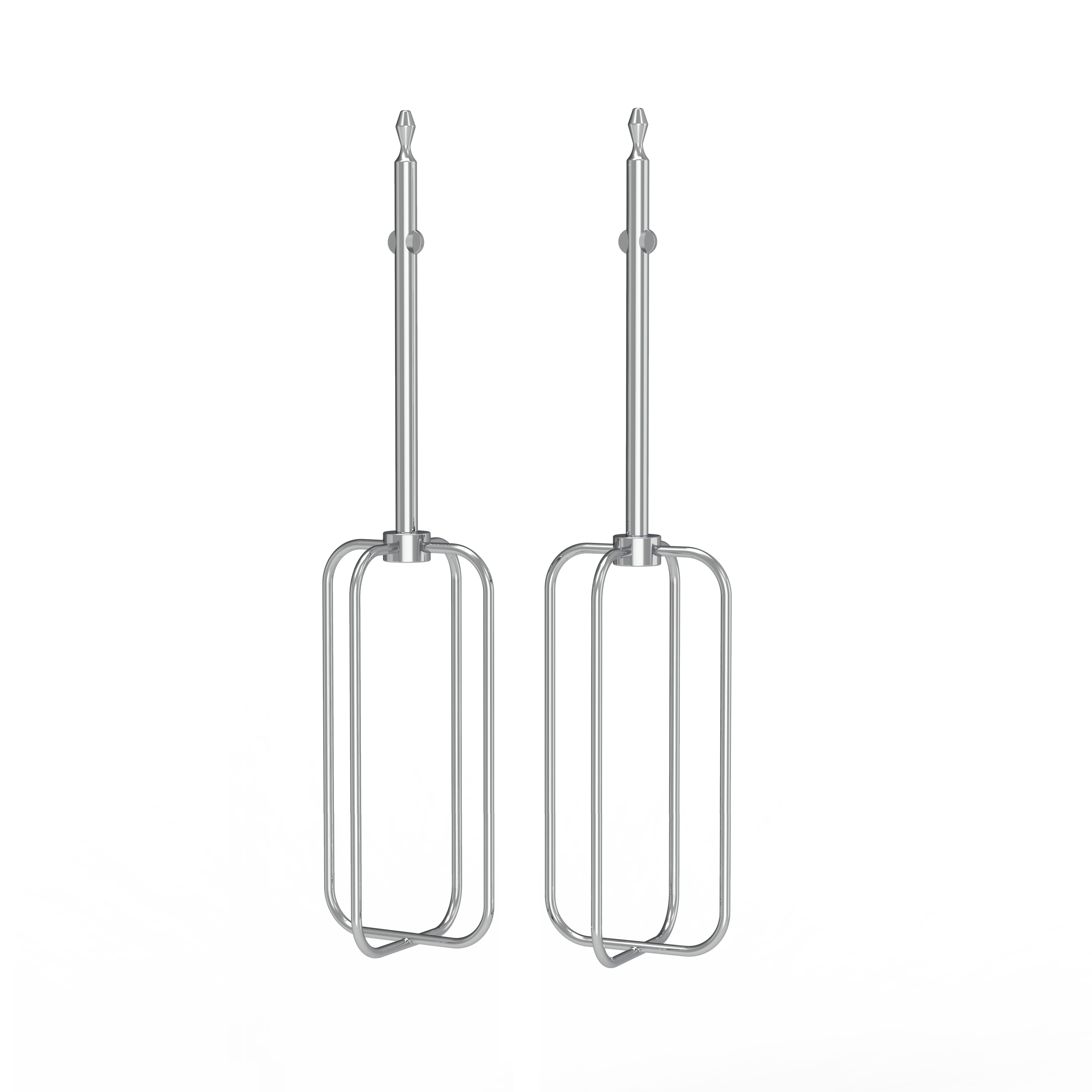 Zwei silberfarbene Quirl für einen Mixer, isoliert auf weißem Hintergrund.