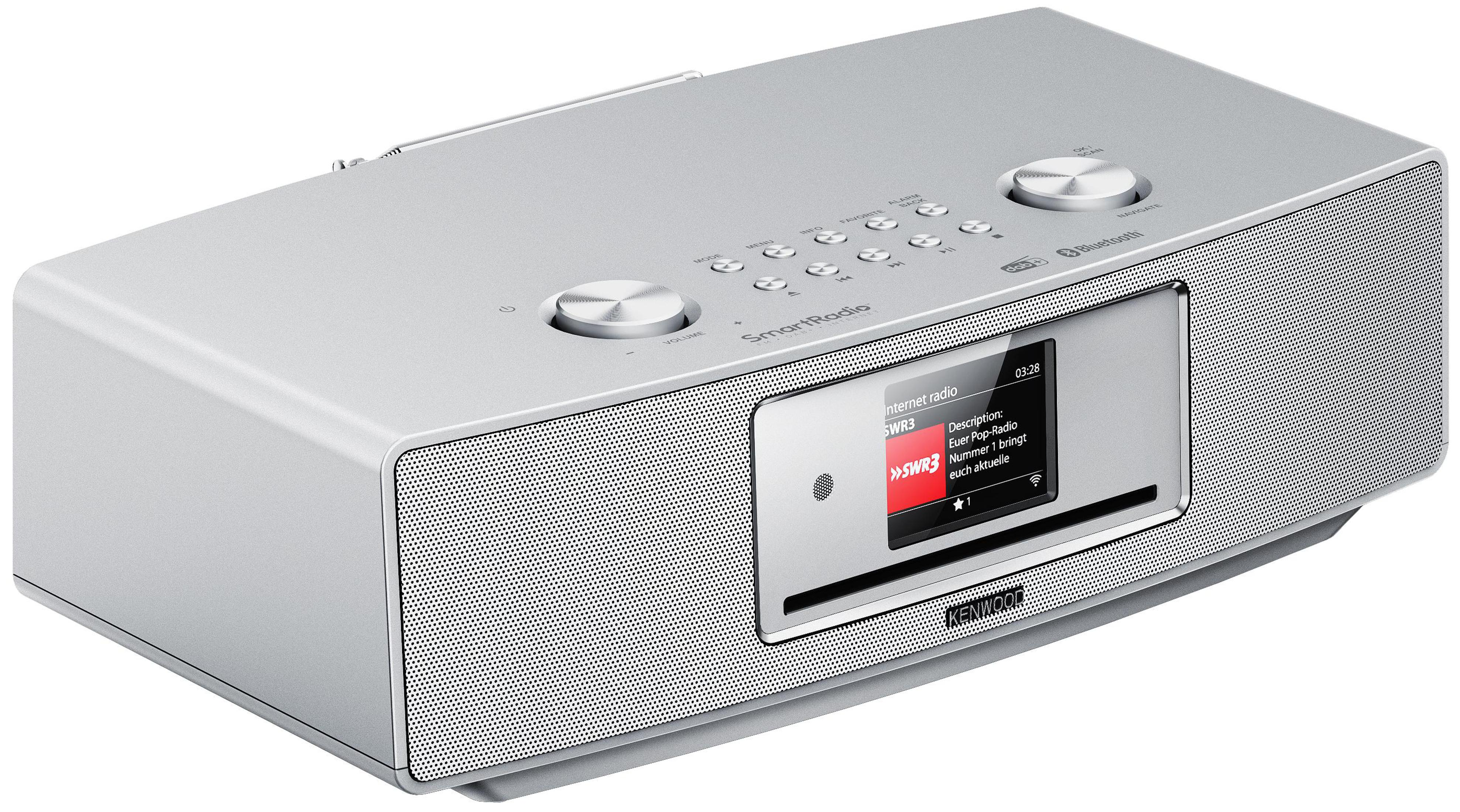 Une radio intelligente argentée avec un écran et un lecteur CD, avec des boutons et un haut-parleur.