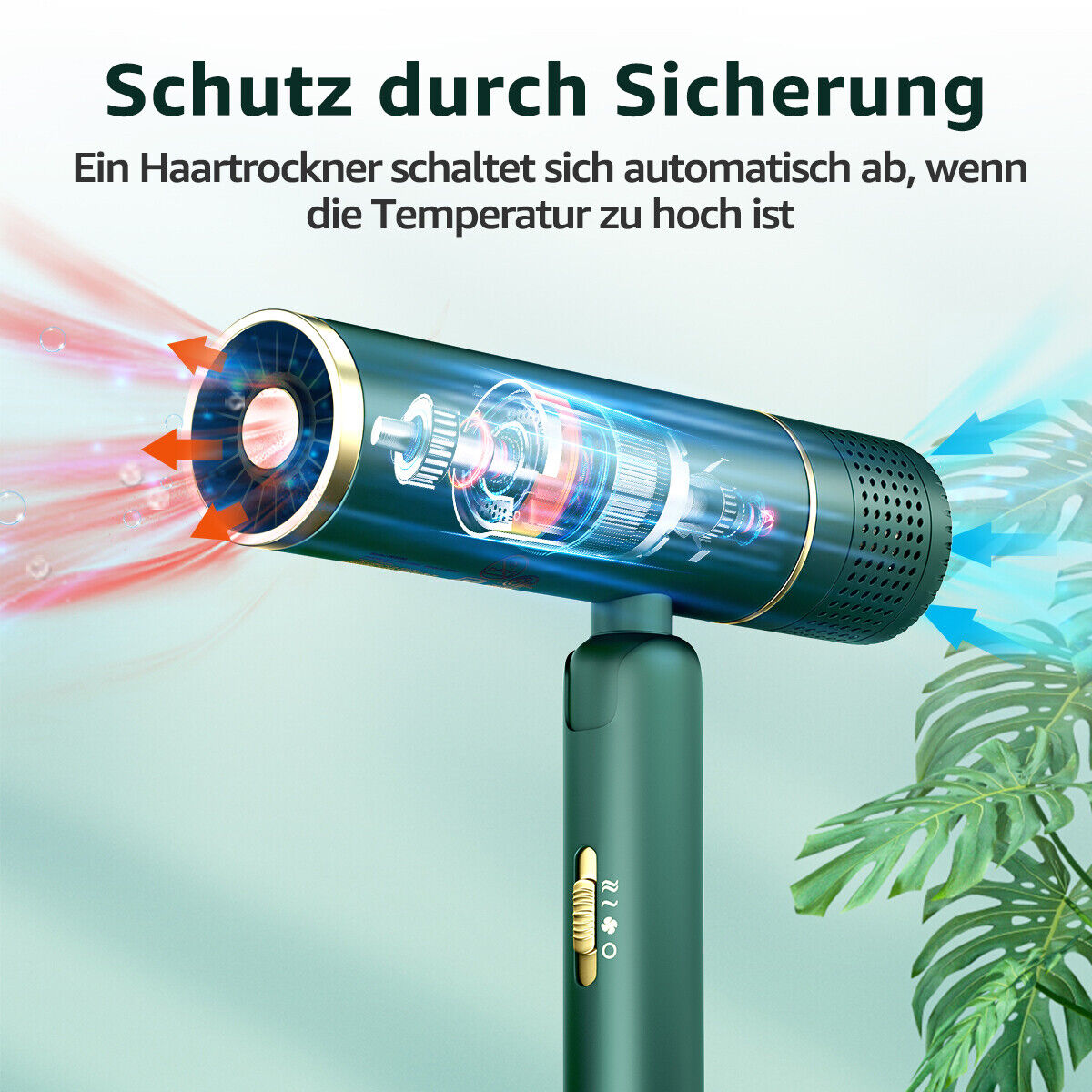 Haartrockner mit Querschnittsansicht, der die inneren Komponenten und den Luftstrom zeigt.