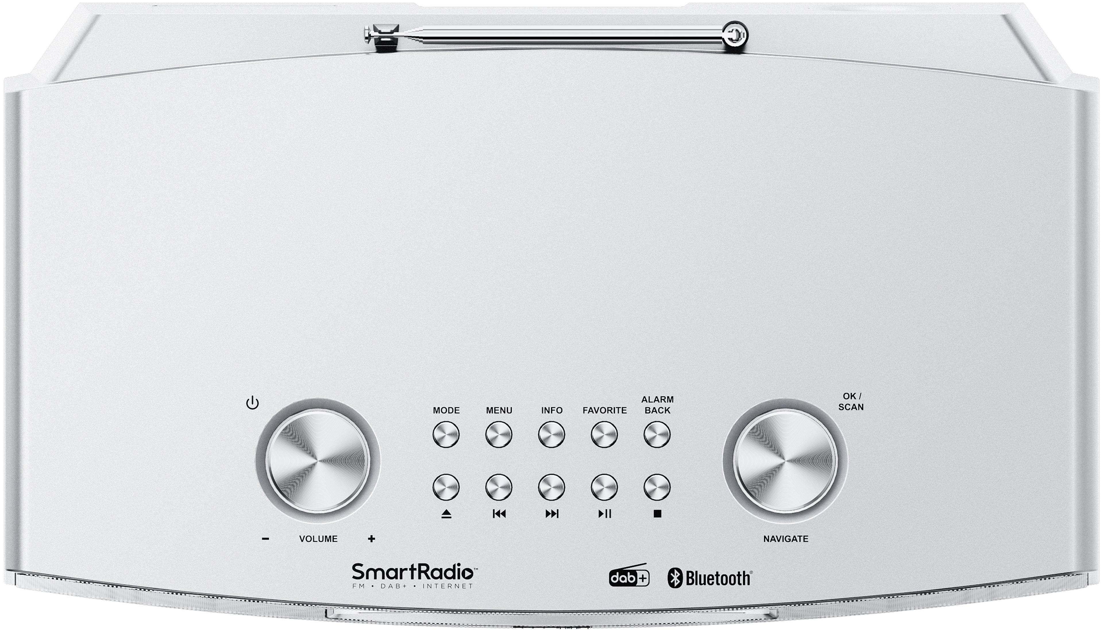Une radio blanche avec des boutons et une petite antenne.