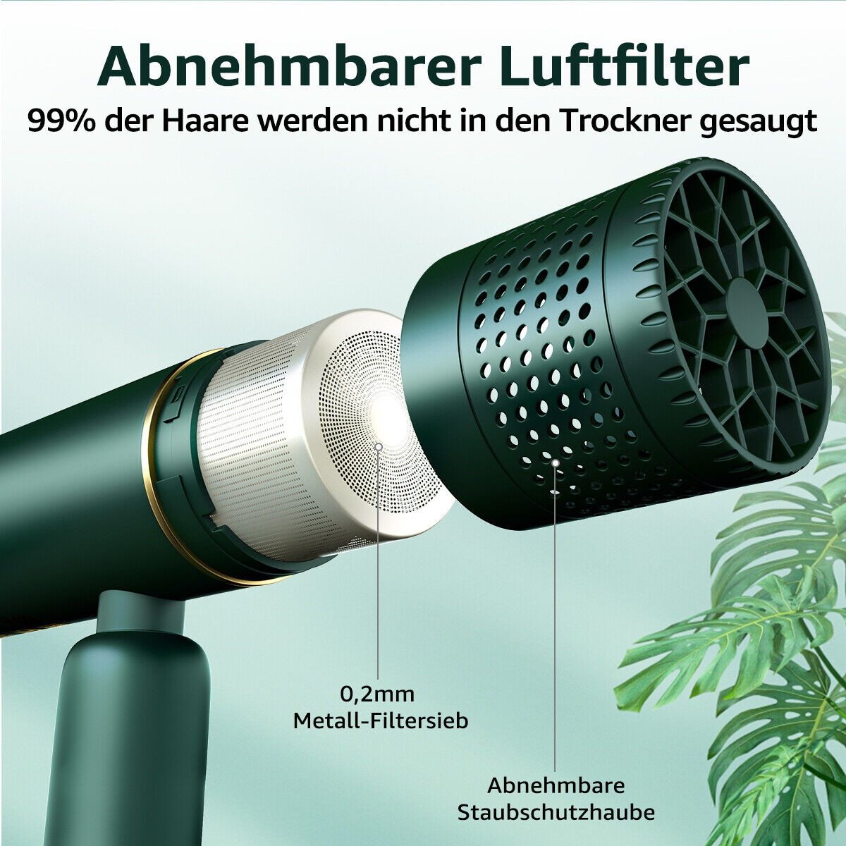 Explosionsansicht eines Haartrockners. Ein Filter und ein Netz sind mit Text beschriftet sichtbar.