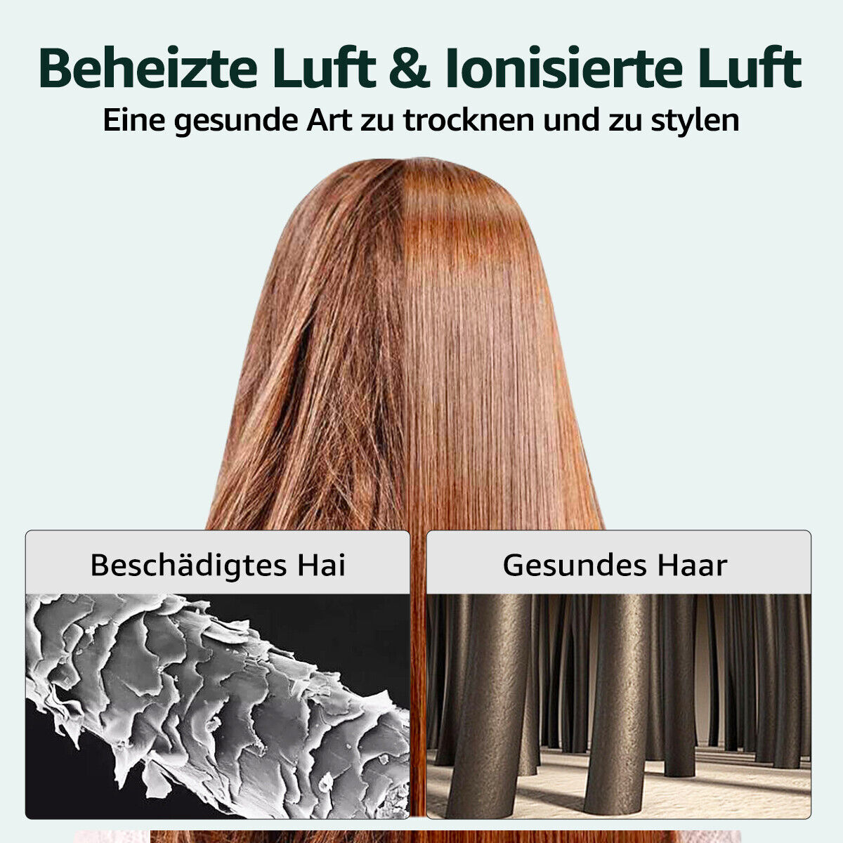 Das Bild zeigt einen Haarvergleich. Eine Seite zeigt geschädigtes Haar, die andere gesundes Haar.
