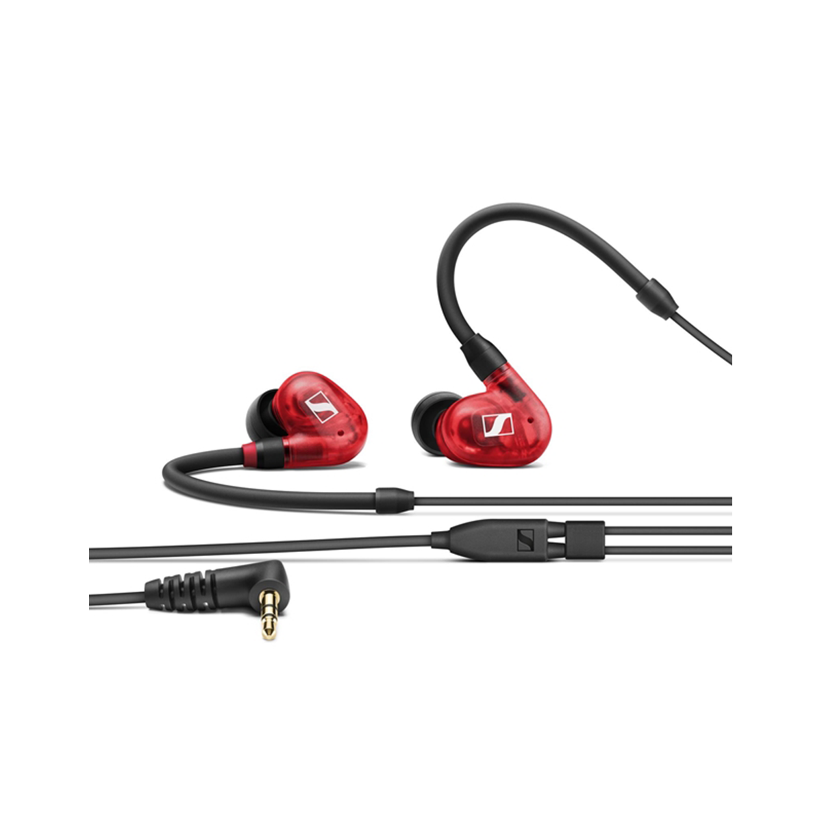 Rote In-Ear-Kopfhörer mit schwarzem Kabel und Stecker.