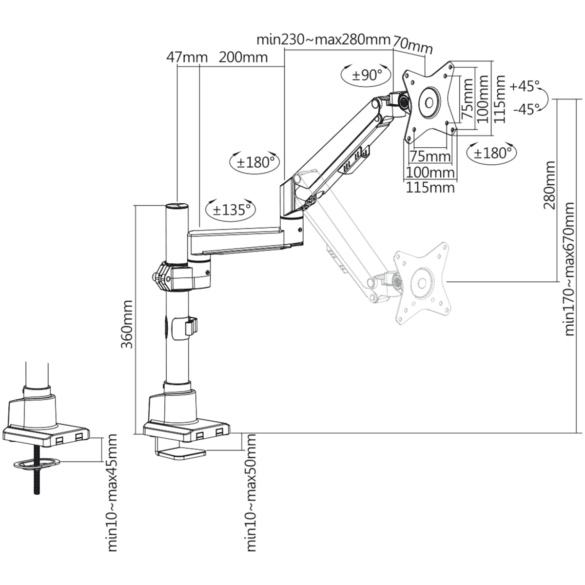Diagramm mit Maßen und Winkeln eines Monitorarms zur Montage, mit Abmessungen in mm.