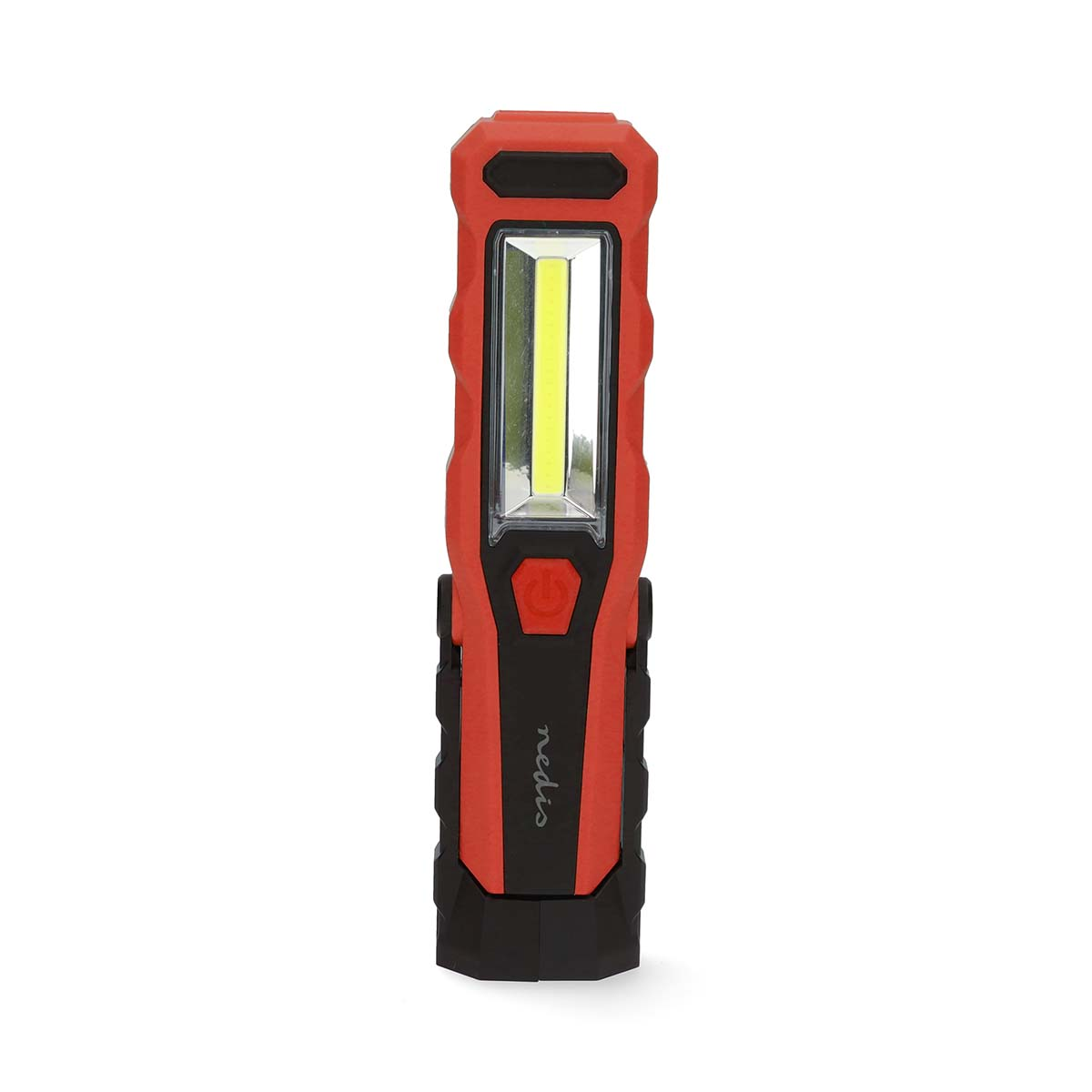 Rode en zwarte zaklamp. Fel wit licht en een aan/uit-knop.
