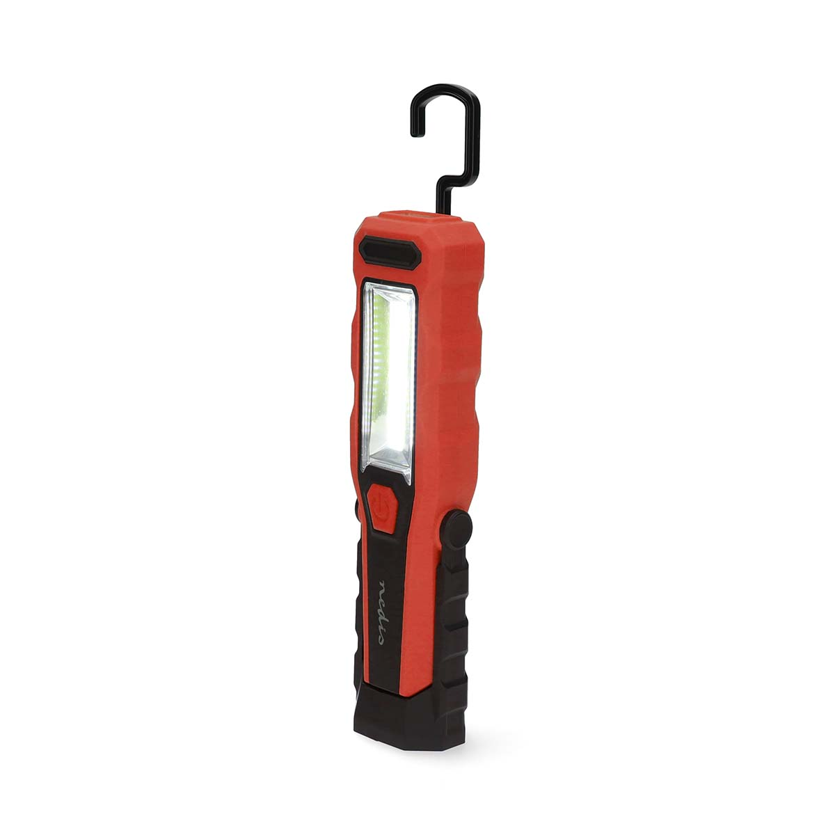 Rode en zwarte werklamp met een ophanghaak en een helder LED-paneel.
