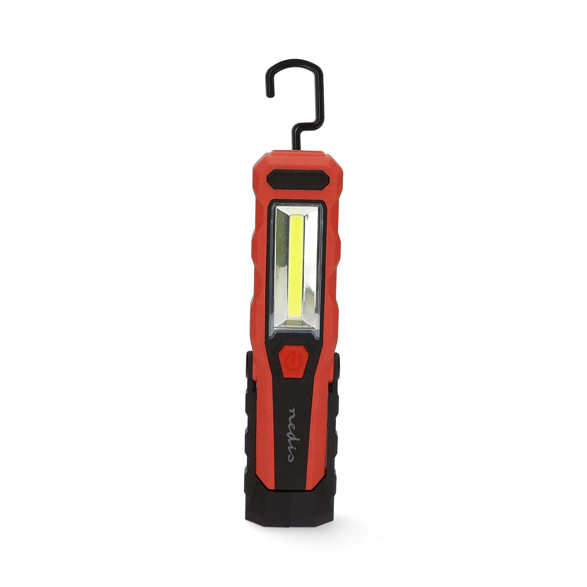 Rode en zwarte werklamp met een haak, op een witte achtergrond.