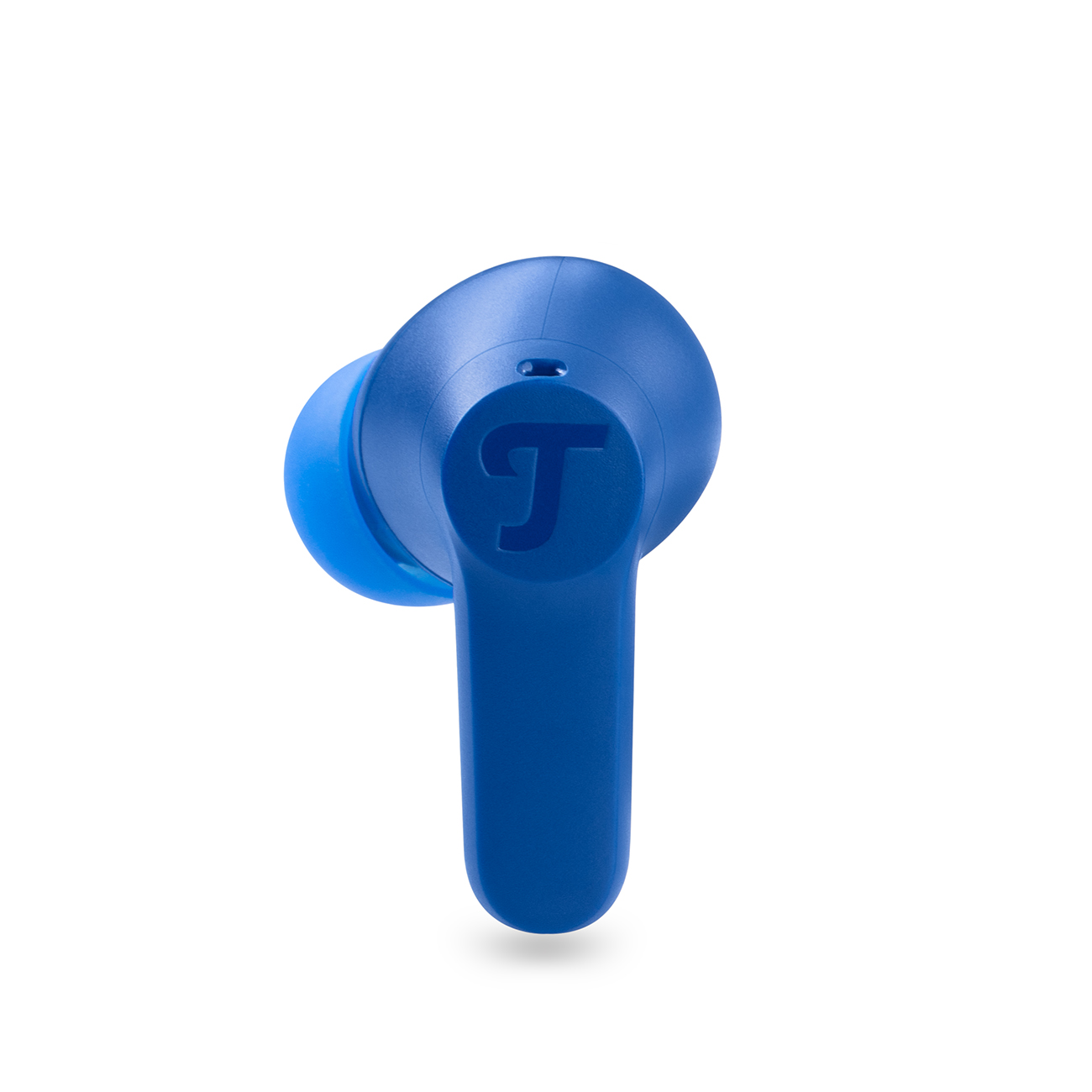 Een blauwe oordop, met een blauwe tip en een zwart logo, op een witte achtergrond.