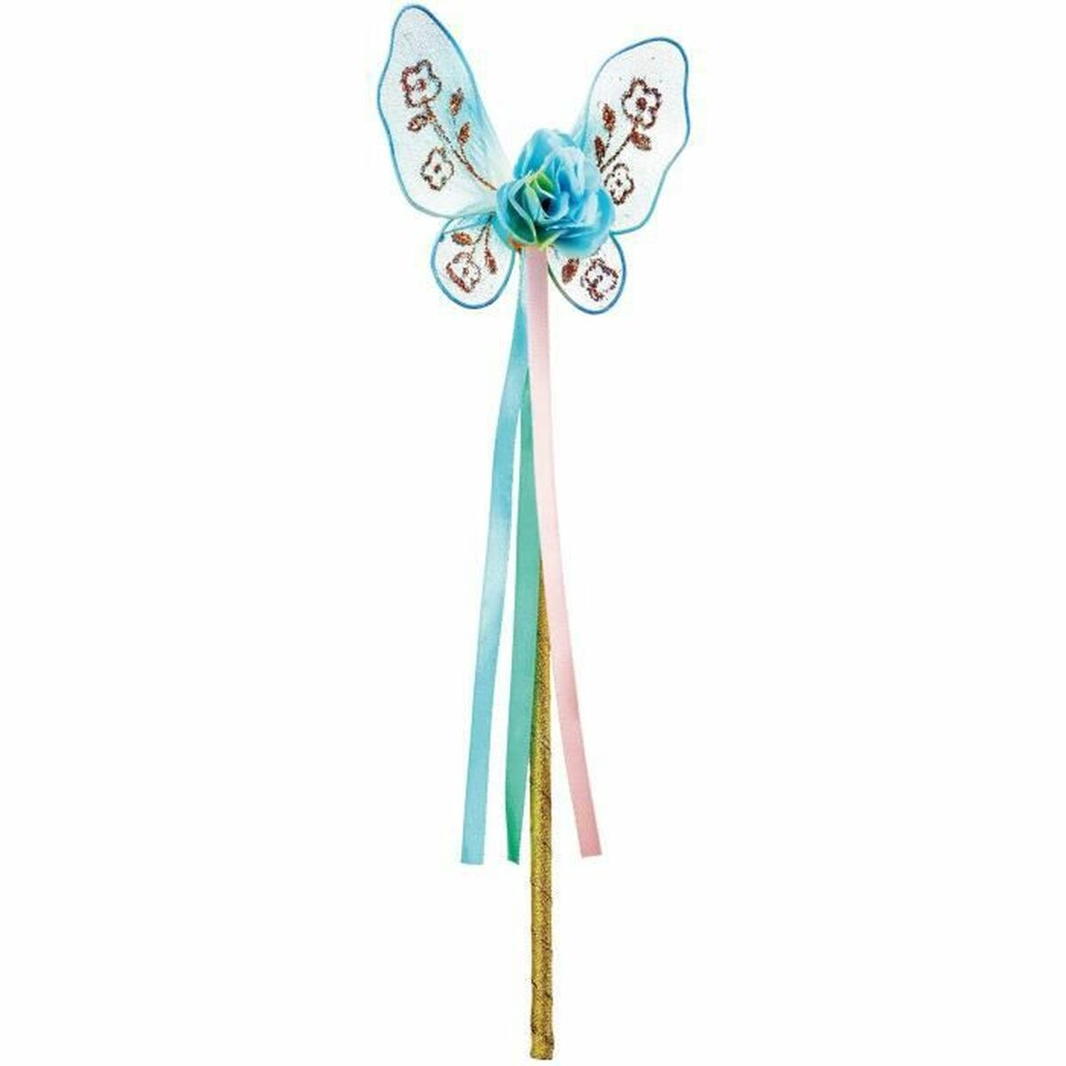 Ein Feenstab mit Schmetterlingsflügeln, einer blauen Blume und bunten Bändern. Der Stab ist golden. Die Flügel sind hellblau.