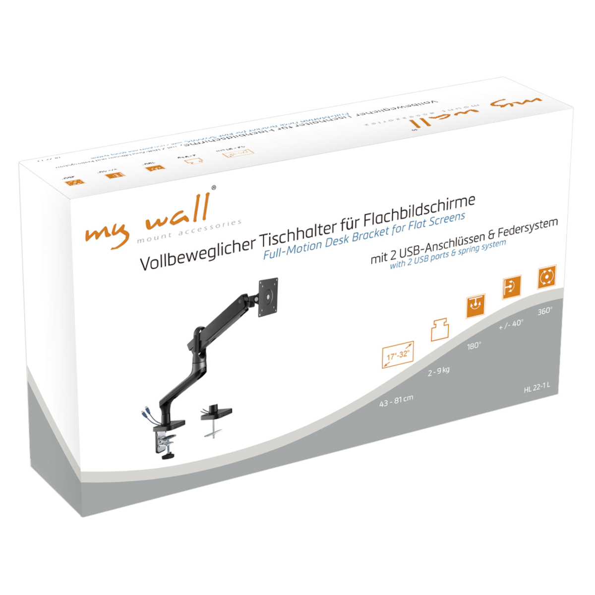 Box mit schwarzem Monitorarm für Flachbildschirme, mit USB-Anschlüssen und Federsystem.