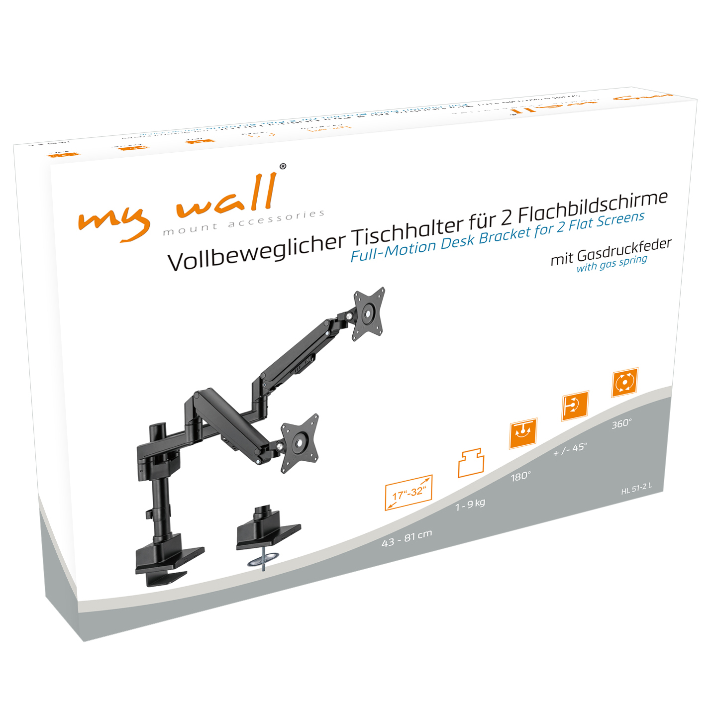 Karton für eine Monitor-Schreibtischhalterung, mit Halterungsillustration und Text auf Deutsch.