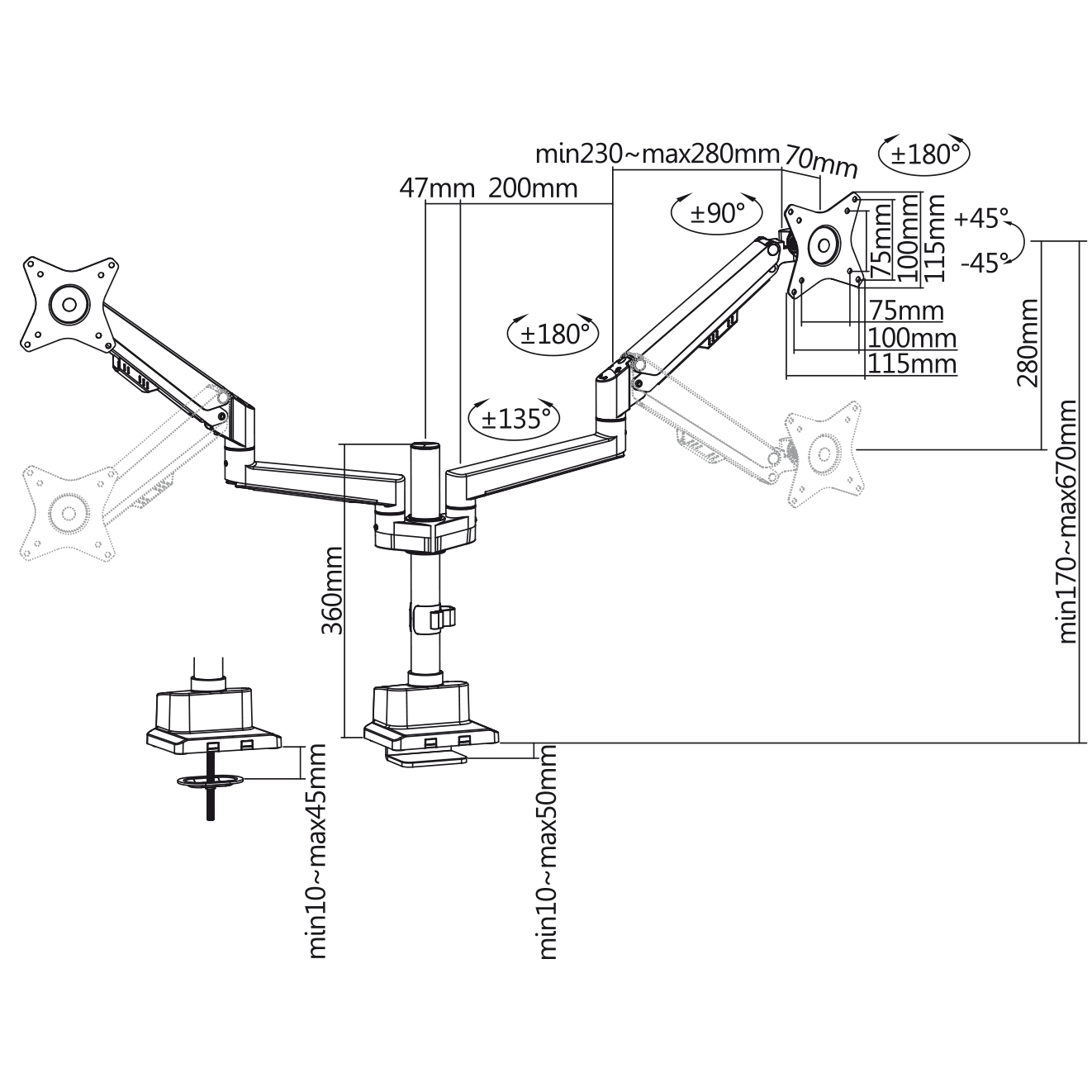 Eine technische Zeichnung eines Monitorarms. Es zeigt Abmessungen und Winkel. Der Arm ist silber und schwarz.