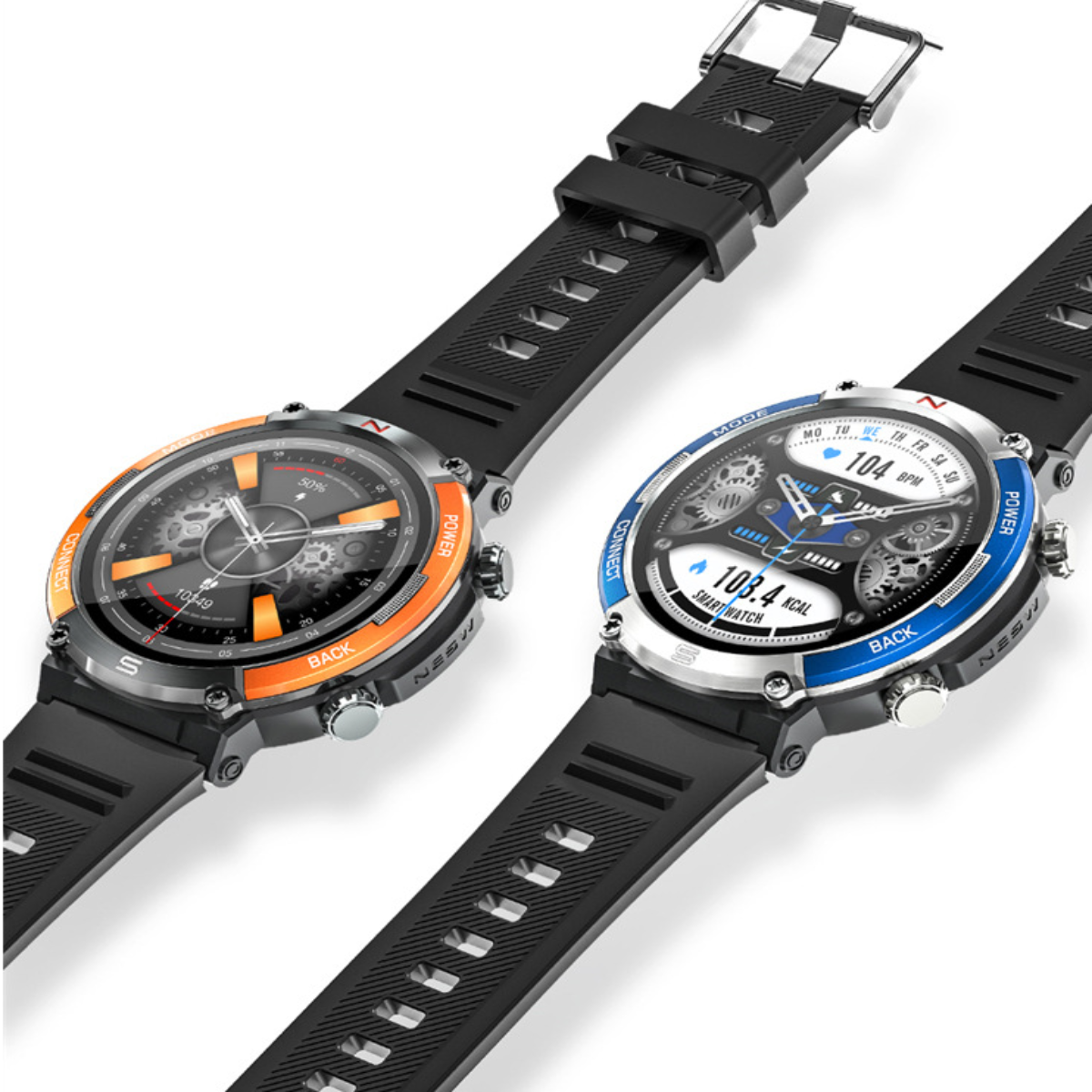 Zwei Smartwatches mit schwarzen Armbändern; eine mit orangefarbenen Akzenten, eine mit blauen, die Daten anzeigen.