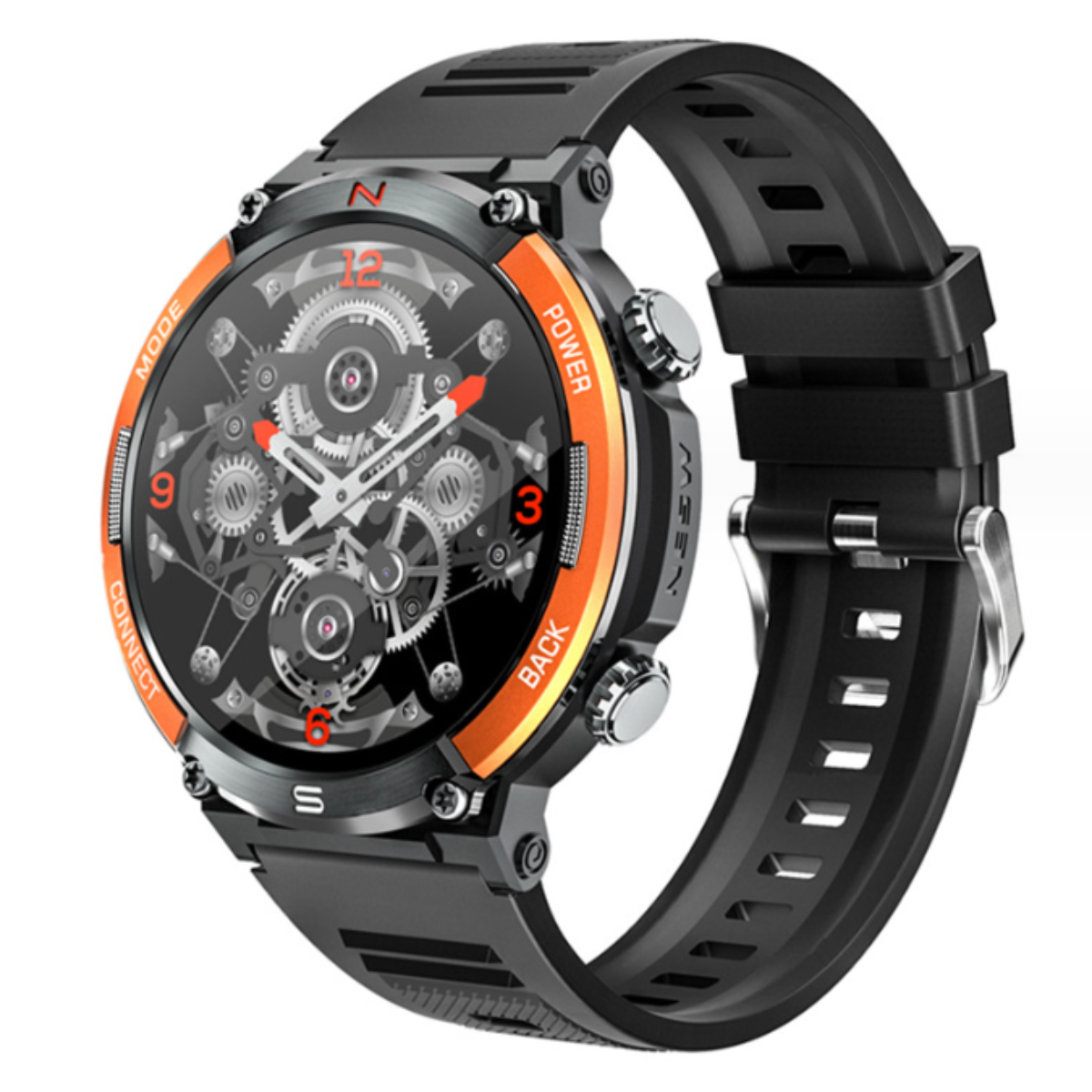 Smartwatch mit schwarzem Armband und orangefarbenen Akzenten. Weißer Hintergrund.