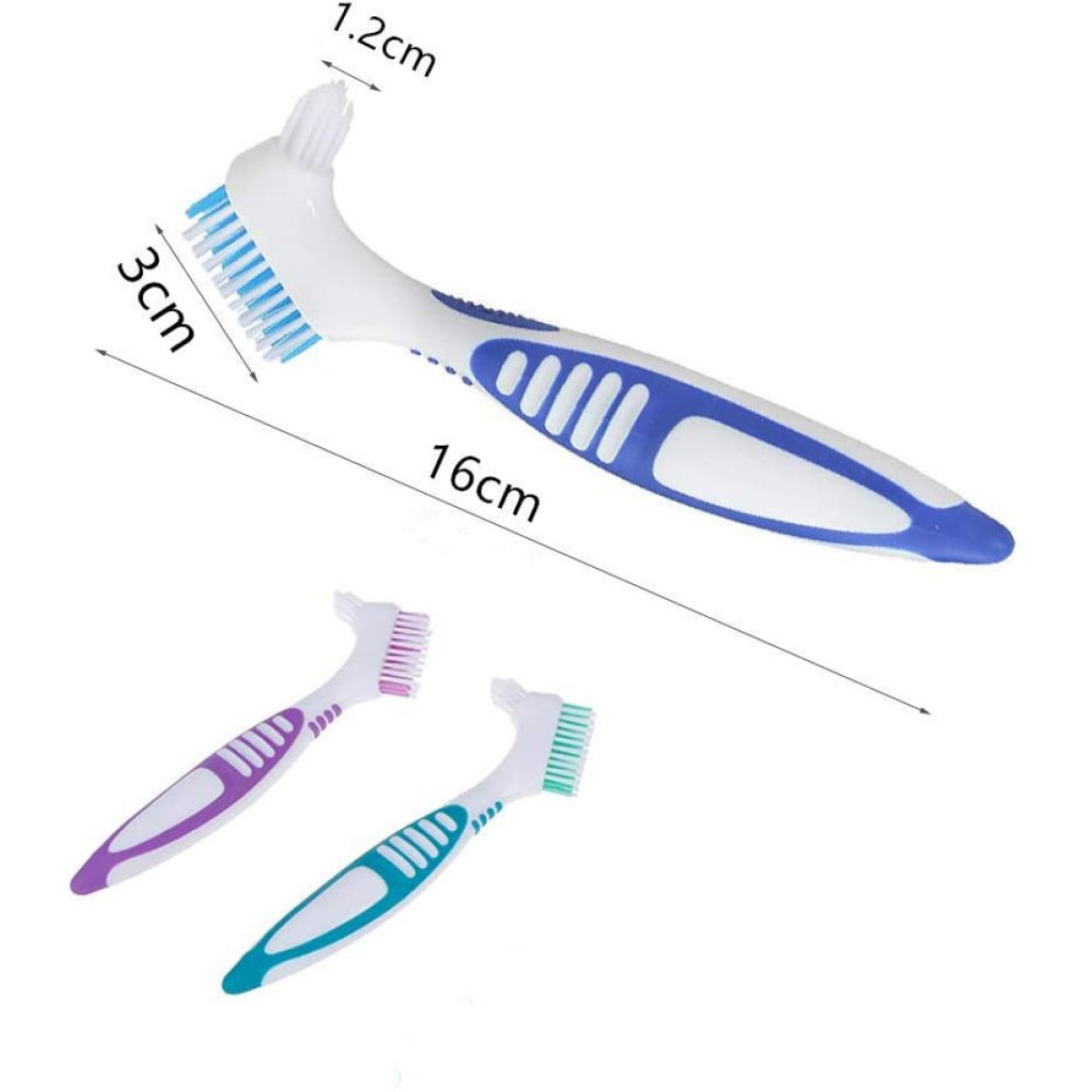 Drei Zahnbürsten für Zahnersatz in Weiß und Blau mit Maßen von 16 cm, 3 cm und 1,2 cm.