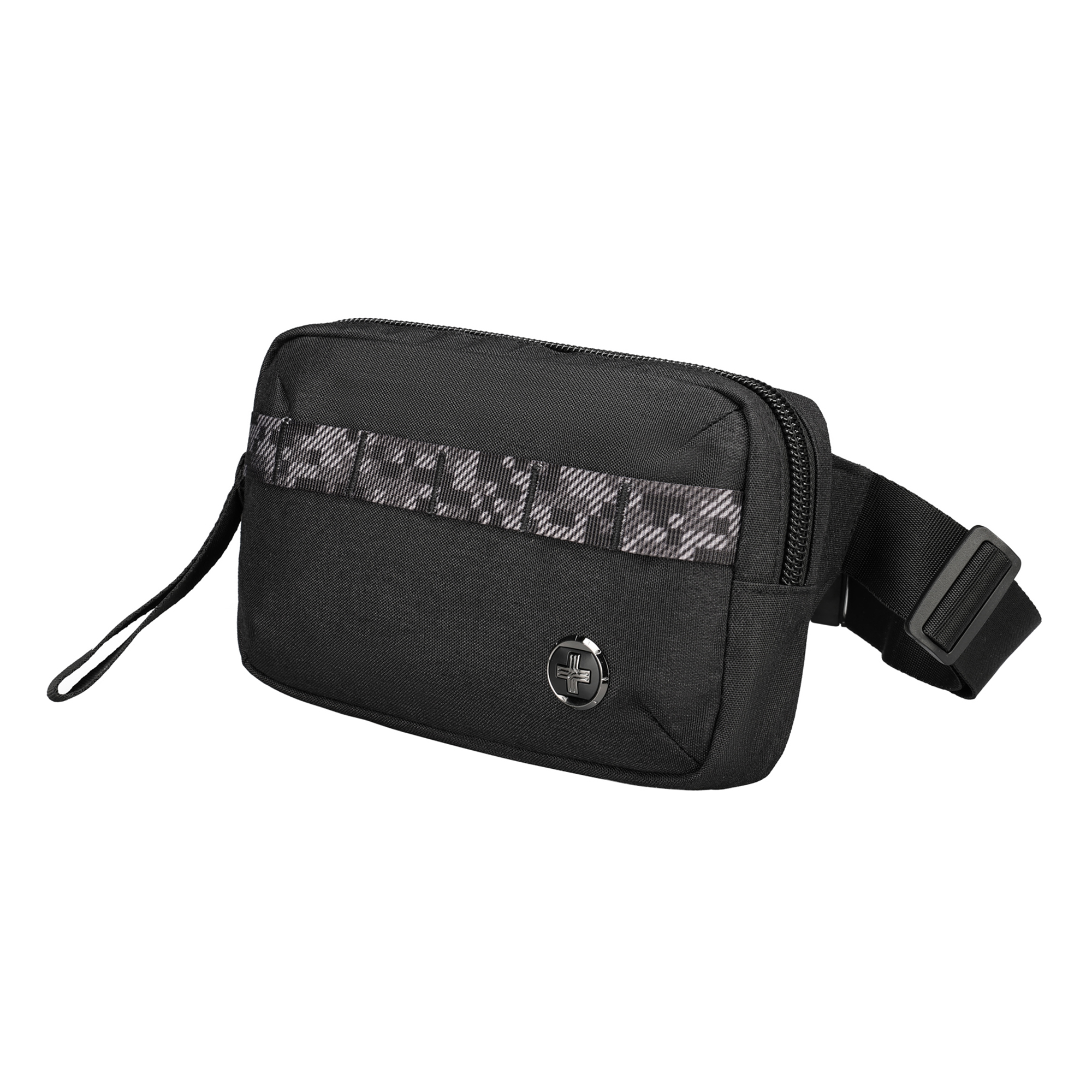 Marsupio nero con cinturino bianco e grigio. Ha una cerniera e un piccolo logo.