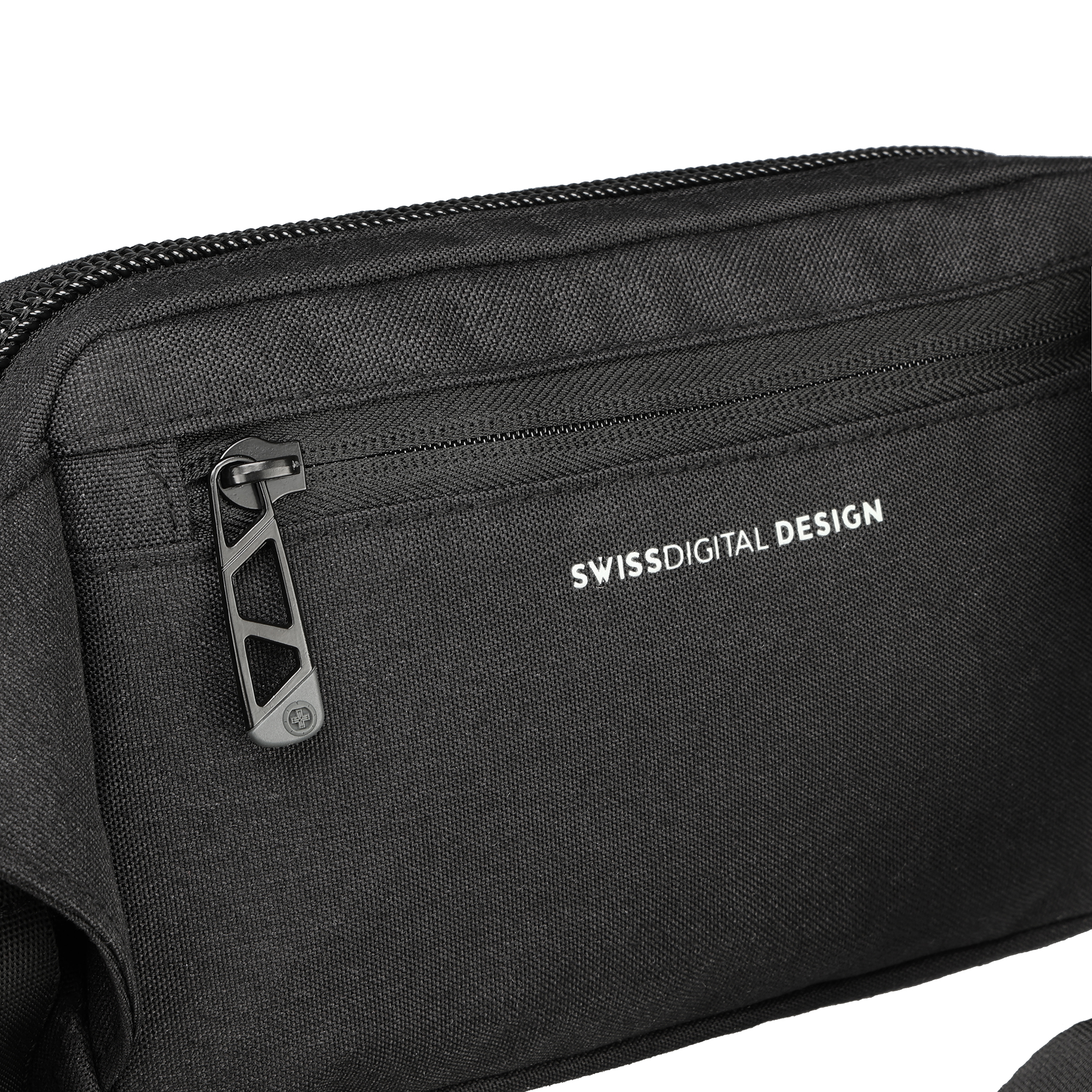 Borsa nera con cerniera e la scritta SWISSDIGITAL DESIGN.