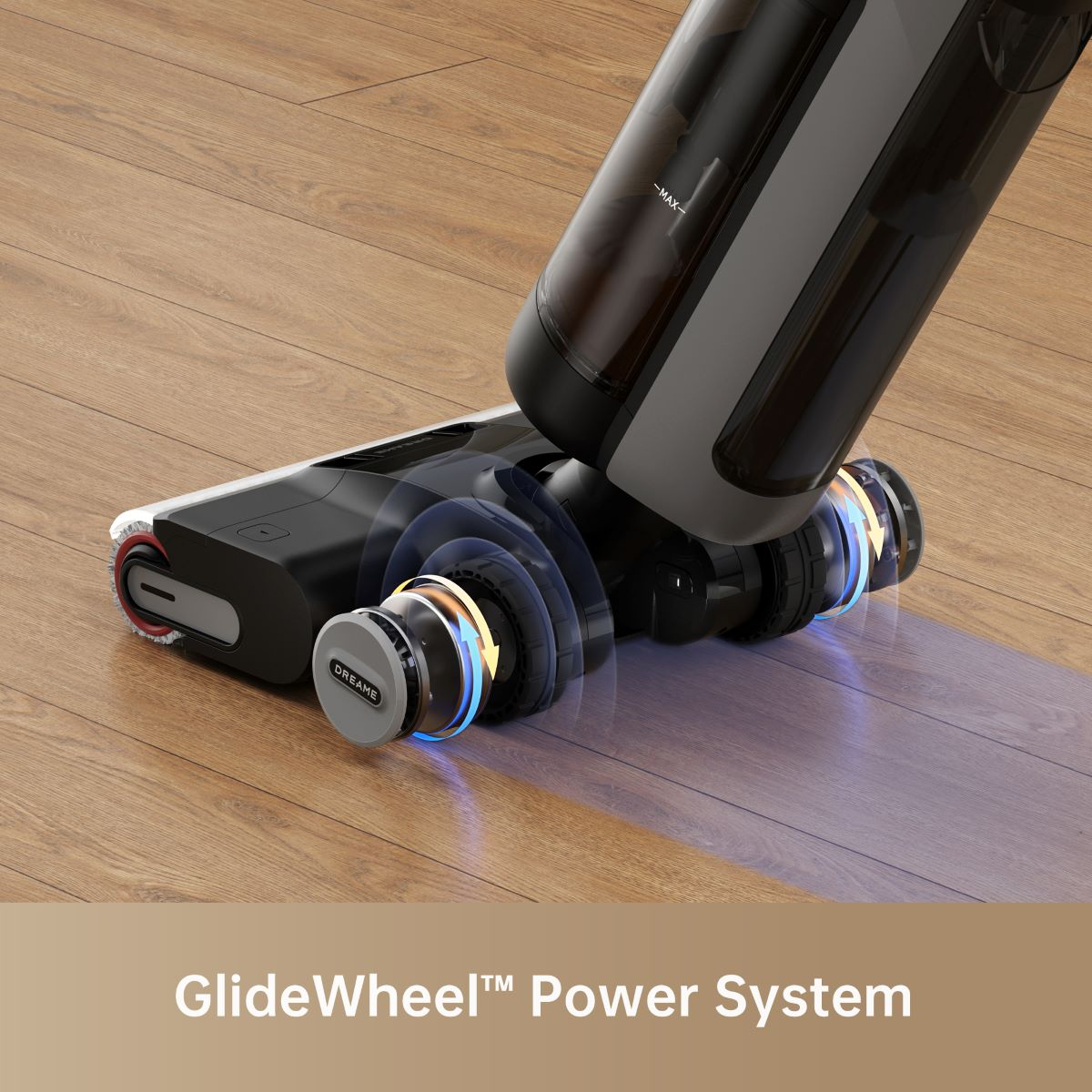 Ruchoma głowica odkurzacza. Pokazuje obracające się szczotki i tekst 'GlideWheel Power System'.