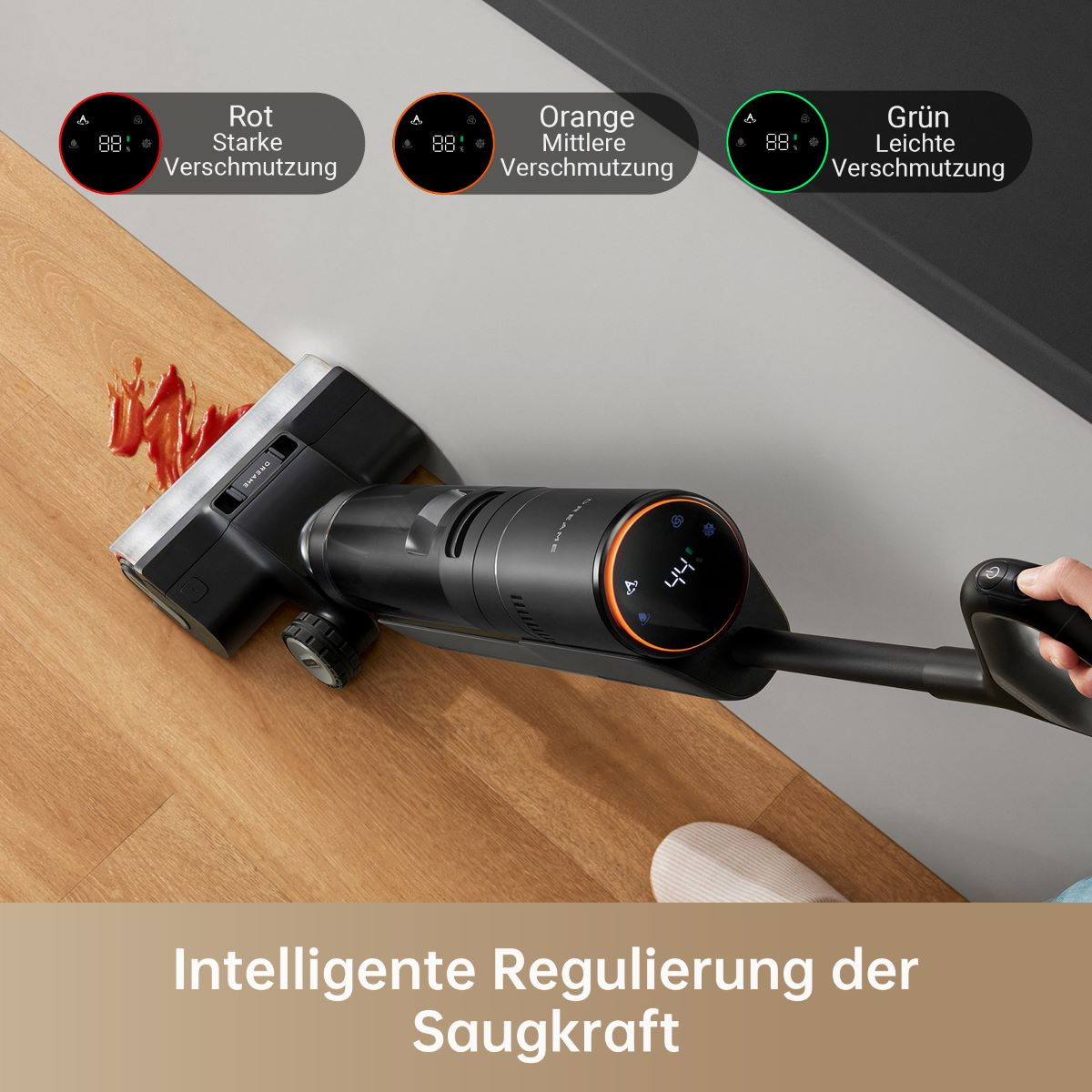 Odkurzacz wyświetla kolory czerwony, pomarańczowy i zielony, wskazujące poziom zabrudzenia.