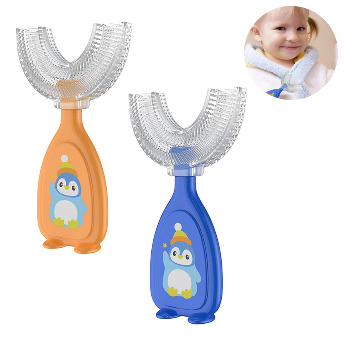 Zwei orange und blaue U-förmige Zahnbürsten mit Pinguin-Designs; ein Kindergesicht in der Ecke.
