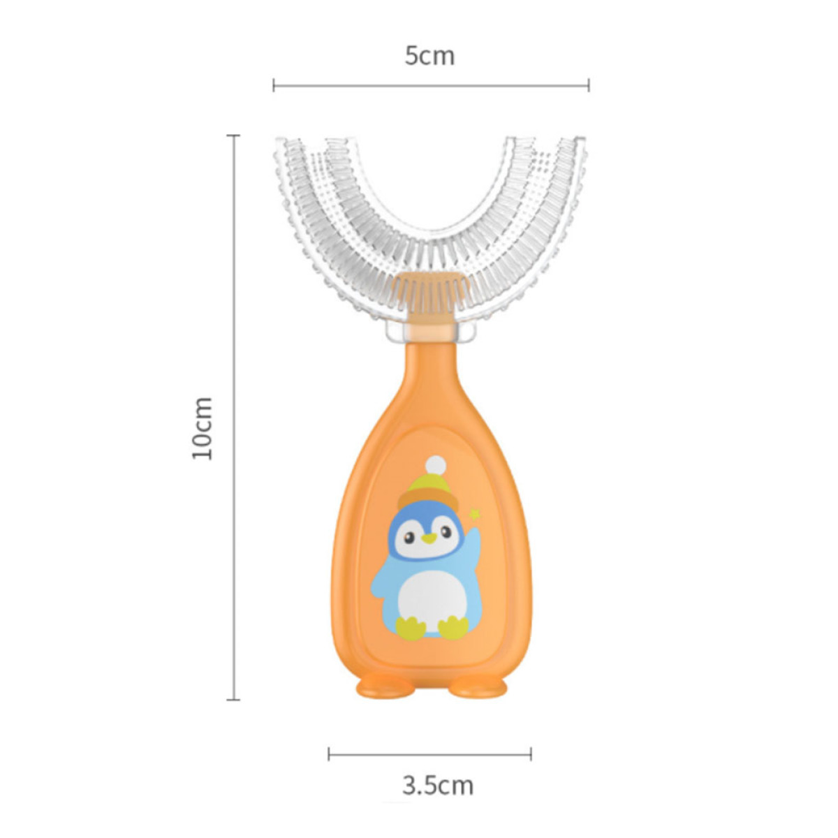 Orange Babyzahnbürste mit Pinguin-Design und Maßen: 10 cm Höhe, 5 cm Breite und 3,5 cm Basis.